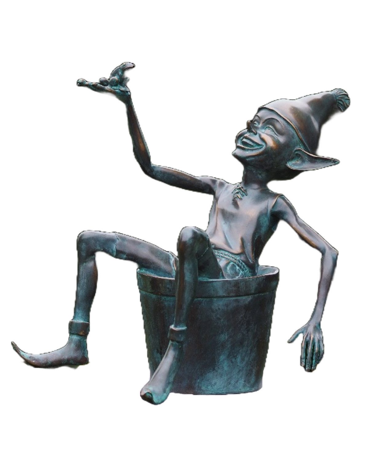 Bronzeskulpturen Skulptur Bronzefigur Kobold im Eimer sitzend aus Bronze