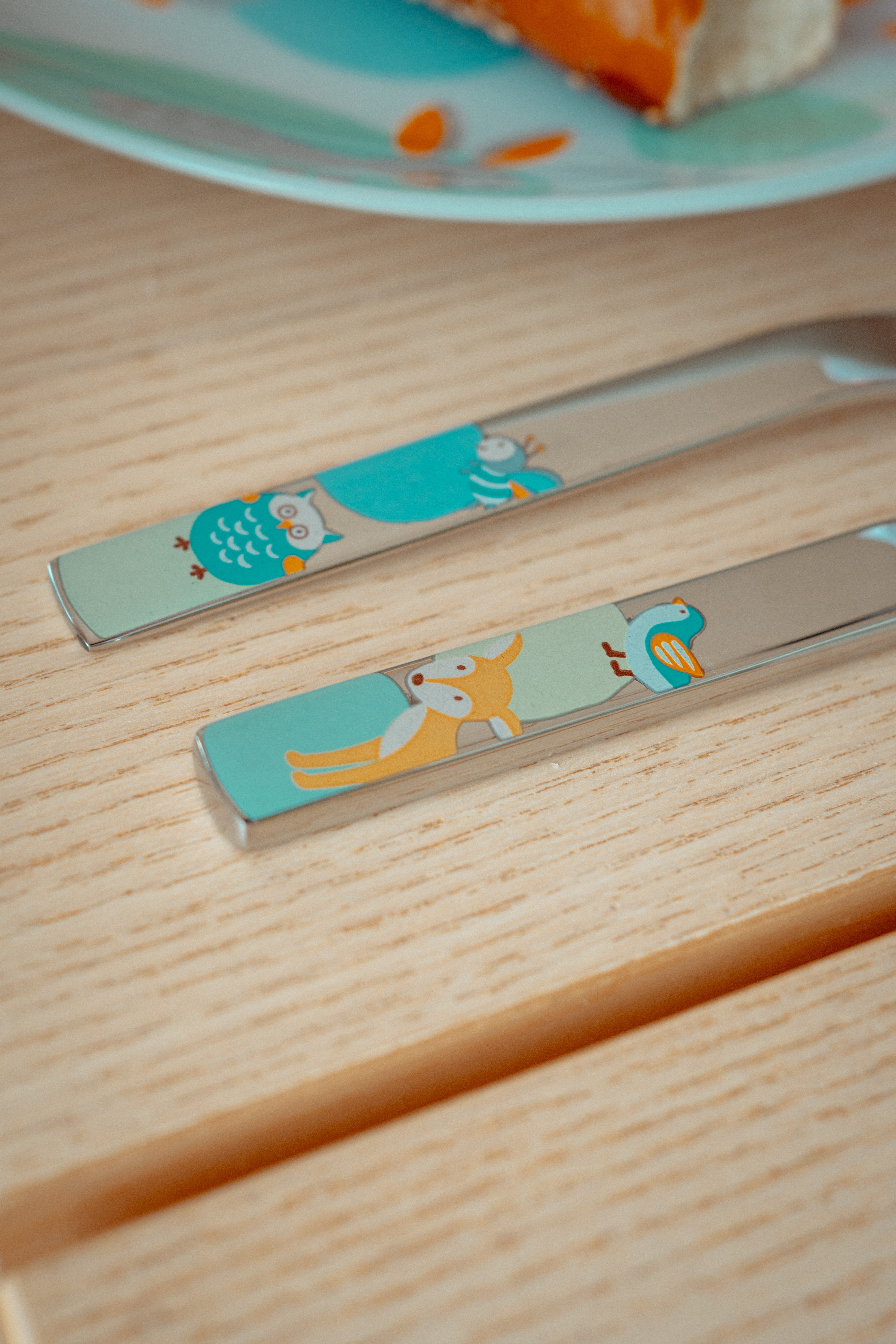 PURESIGNS Kinderbesteck WOODY (4-tlg), 1 Personen, Edelstahl 18/10, Plastikfreier Essgenuss für die Kleinen