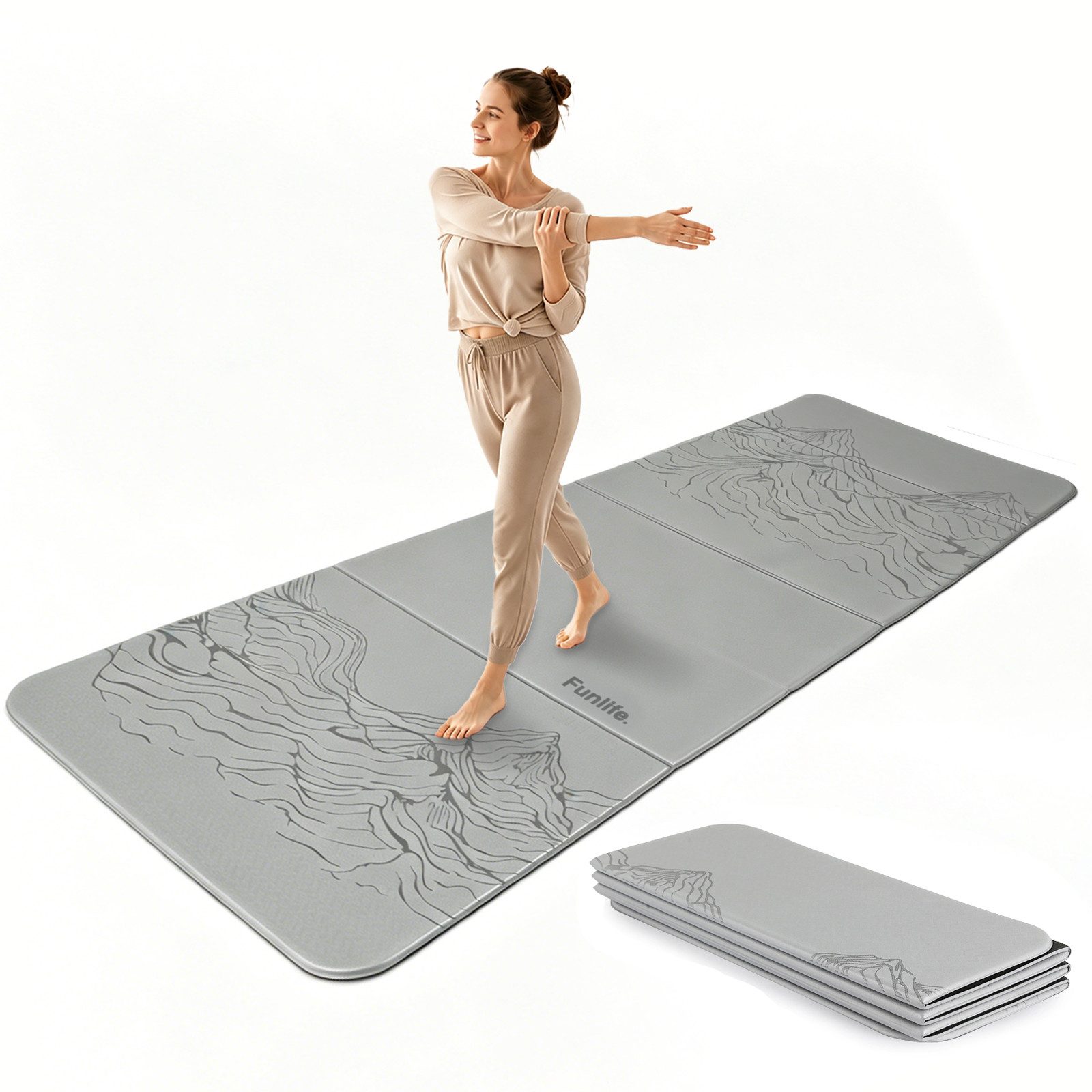 FunLife Yogamatte FOLD Design-Edition (Einzelmatte), 10 mm dick, faltbar, platzsparend, 190 × 66 cm