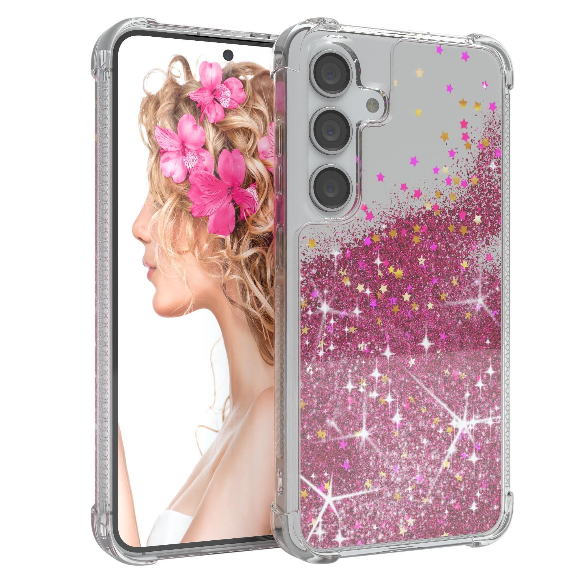 EAZY CASE Handyhülle Liquid Glittery Case für Samsung Galaxy S24 6,2 Zoll, Glitzerhülle Shiny Slimcover stoßfest Durchsichtig Bumper Case Pink