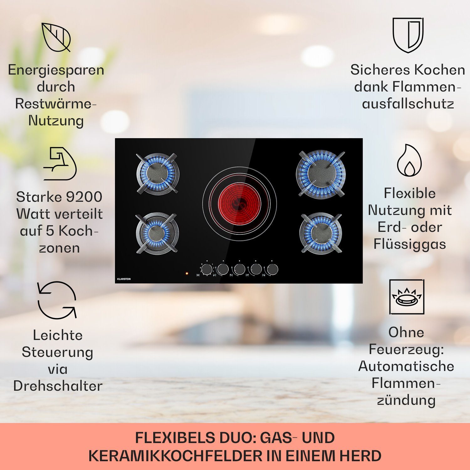 Klarstein Gas-Kochfeld MultiChef, 5 Kombi Multi Kochfelder Gaskochfelder 4 Brenner