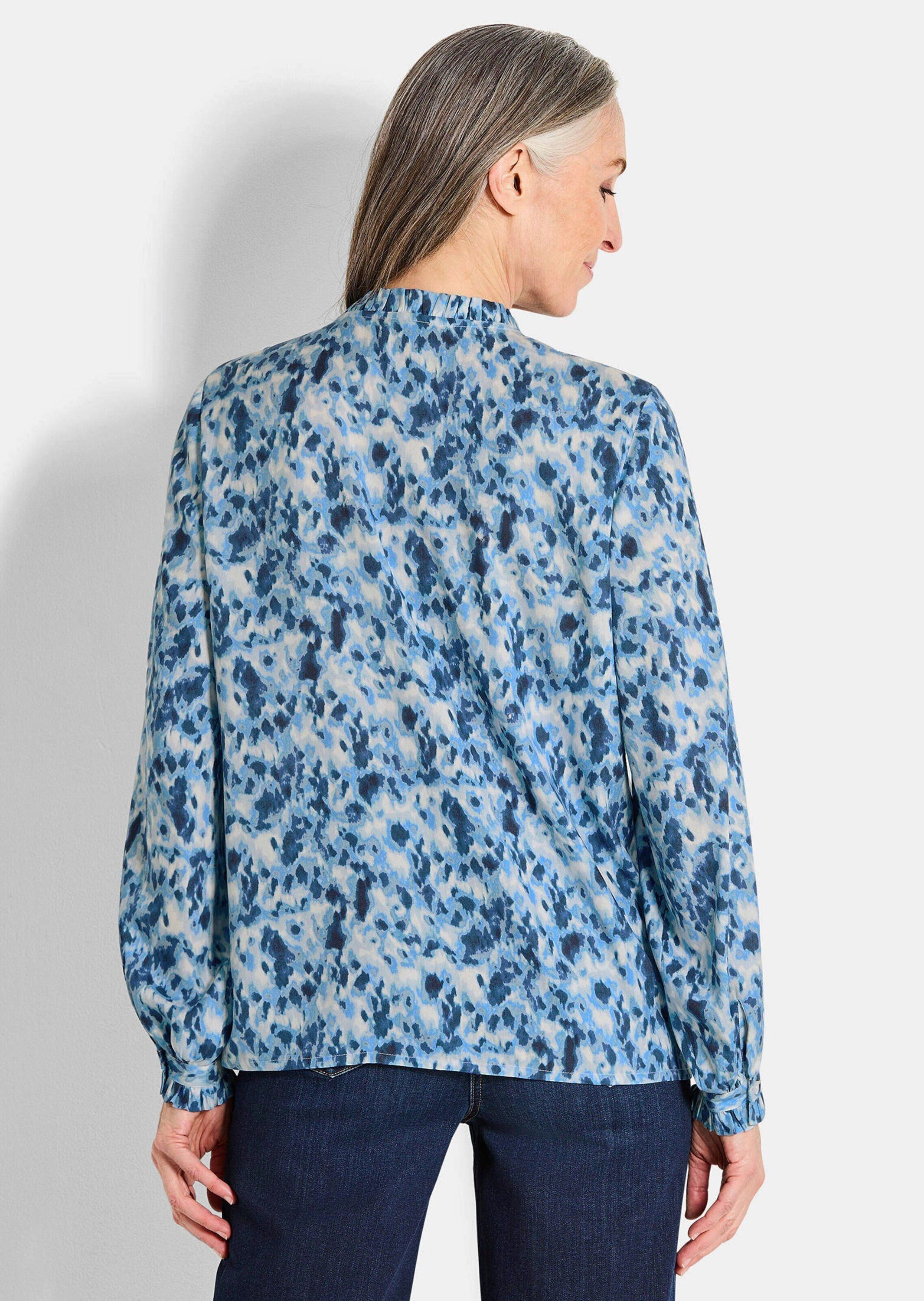 GOLDNER Schlupfbluse Moderne Rüschenbluse mit Stehkragen Printbluse mit Rundhals, Bindeband und langen Ärmeln
