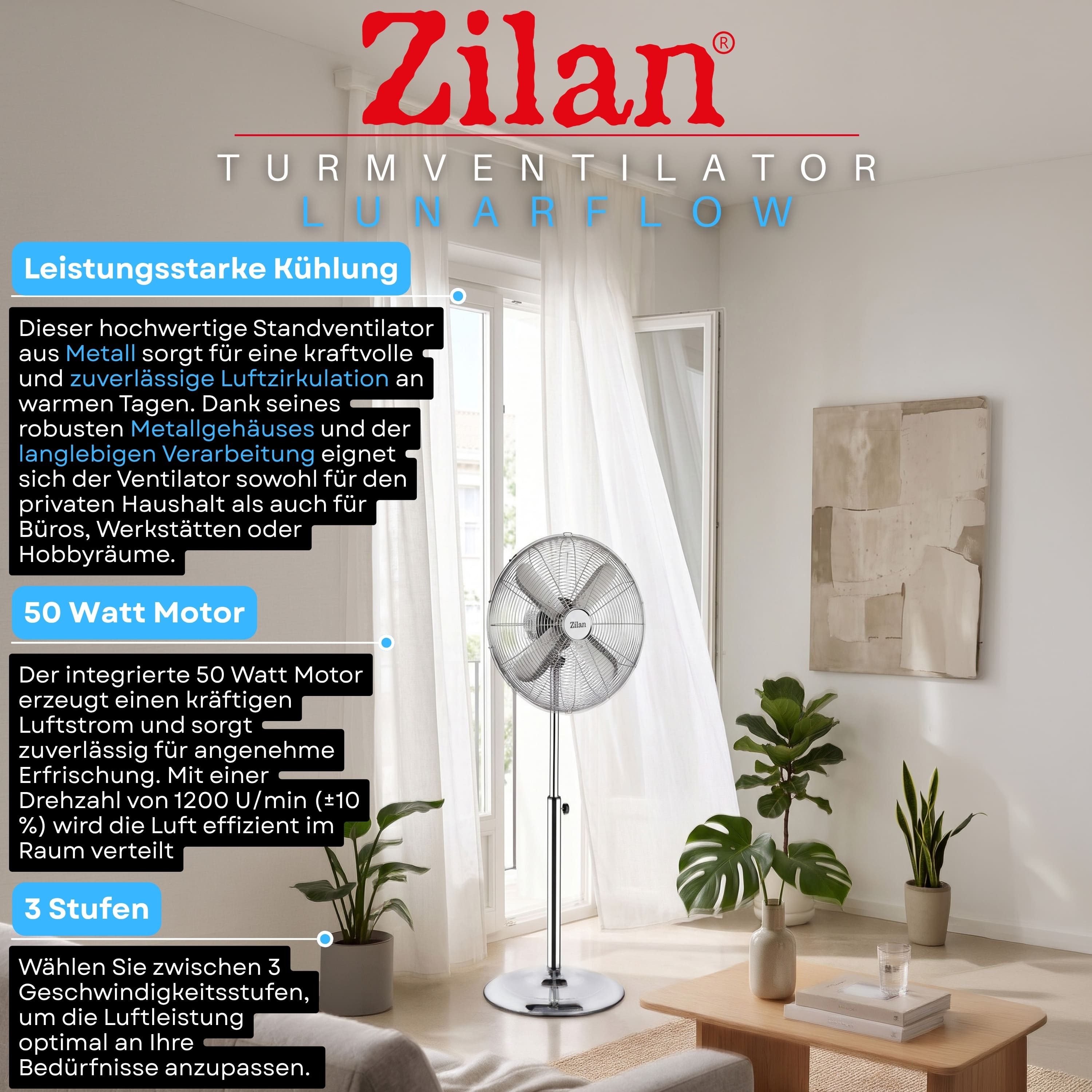 Zilan Standventilator ZLN-1112, großzügiger 45 cm Ventilatorkopf