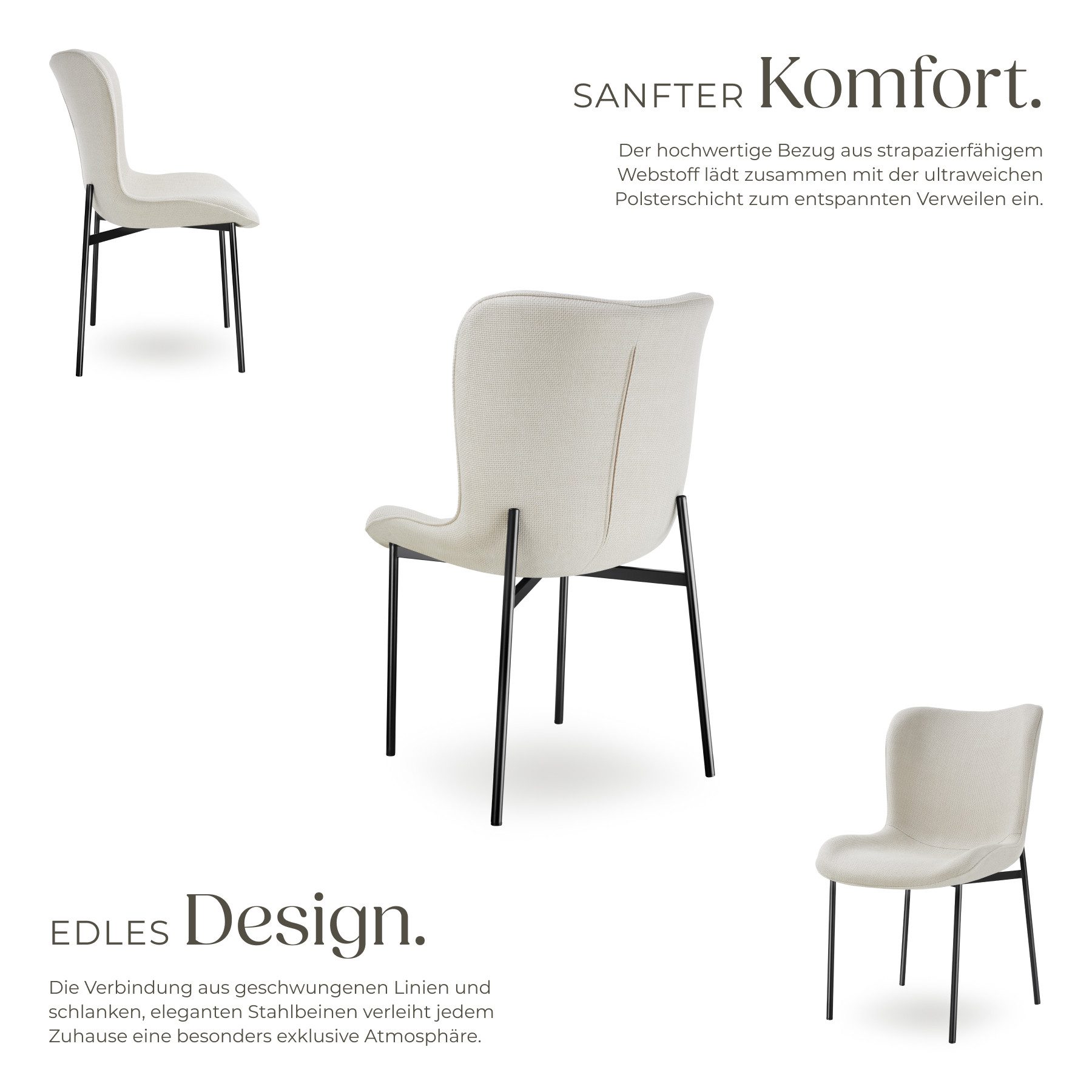 tectake Esszimmerstuhl Polsterstuhl, Belastbarkeit 120 kg, 54 x 62 x 90 cm (Lehnstuhl Tessa in Webstoff off-white/schwarz, 1 St), ergonomische Form mit hoher Rückenlehne, Stahlbeine, bodenschonend