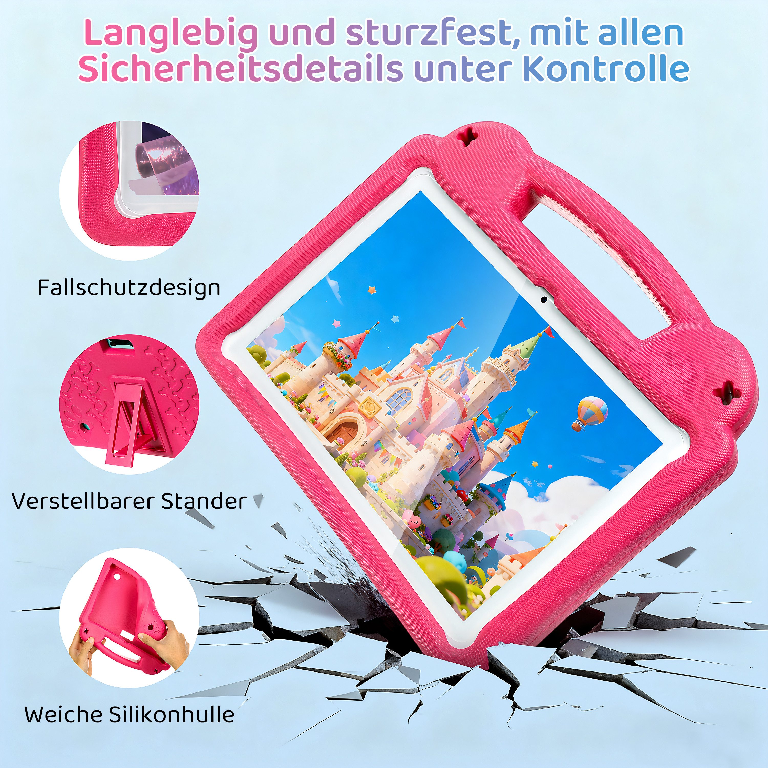WILGOON 10.1'' Kids Android 15 mit Stylus Tablet A523 Octa Core bis 2.0 GHz HD Tablet (10.1", 64 GB, Android 15, 2.4G+5G WIFI6, 6000 mAh mit WiFi 6 Bluetooth 5.0 GMS mit Tasche+Sticker für Kinder)