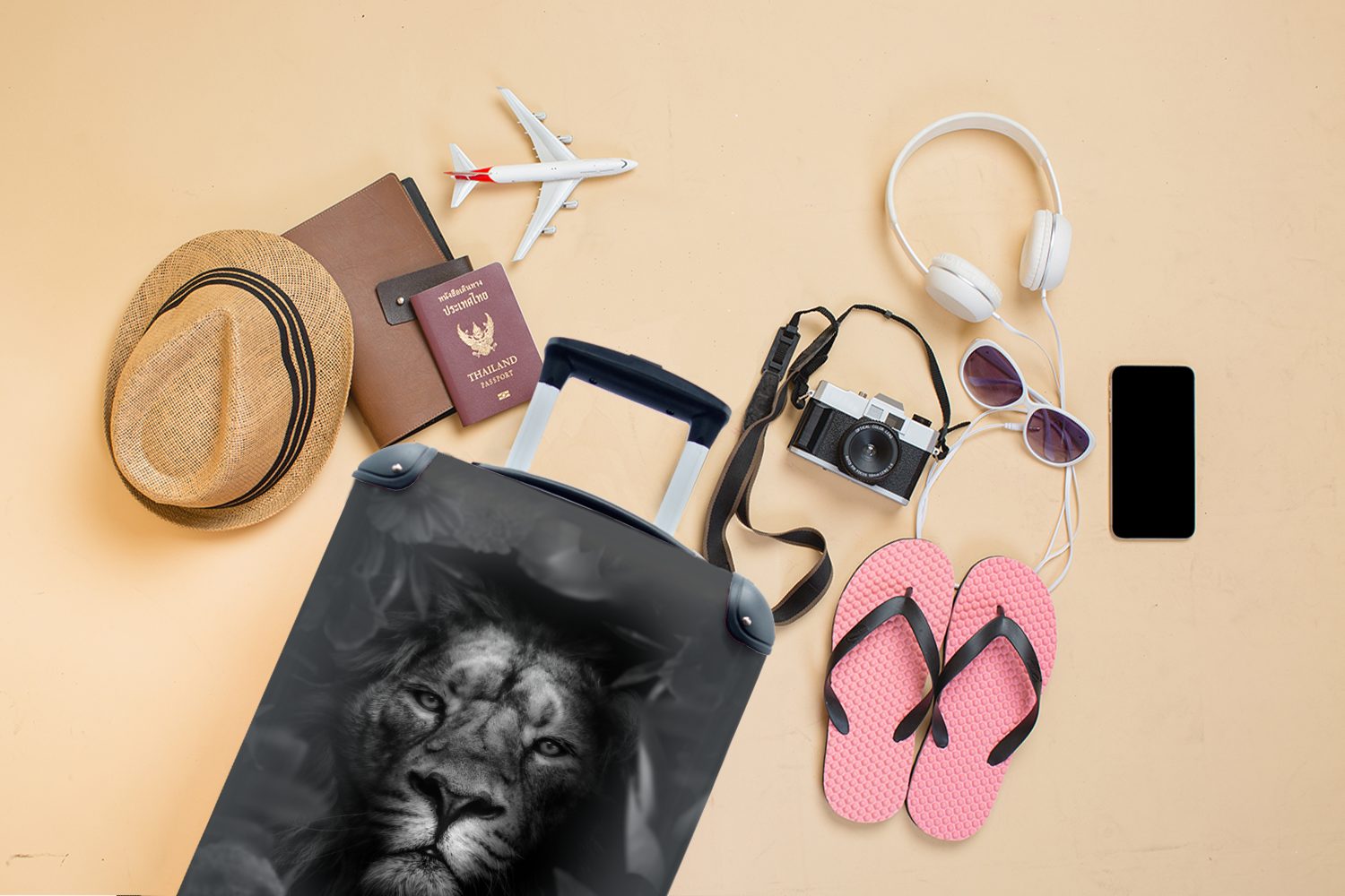 MuchoWow 4 - und Handgepäckkoffer Blättern rollen, für Reisetasche und Reisekoffer weiß, Handgepäck im Rollen, Trolley, schwarz Blumen Dschungel Ferien, mit Löwe mit