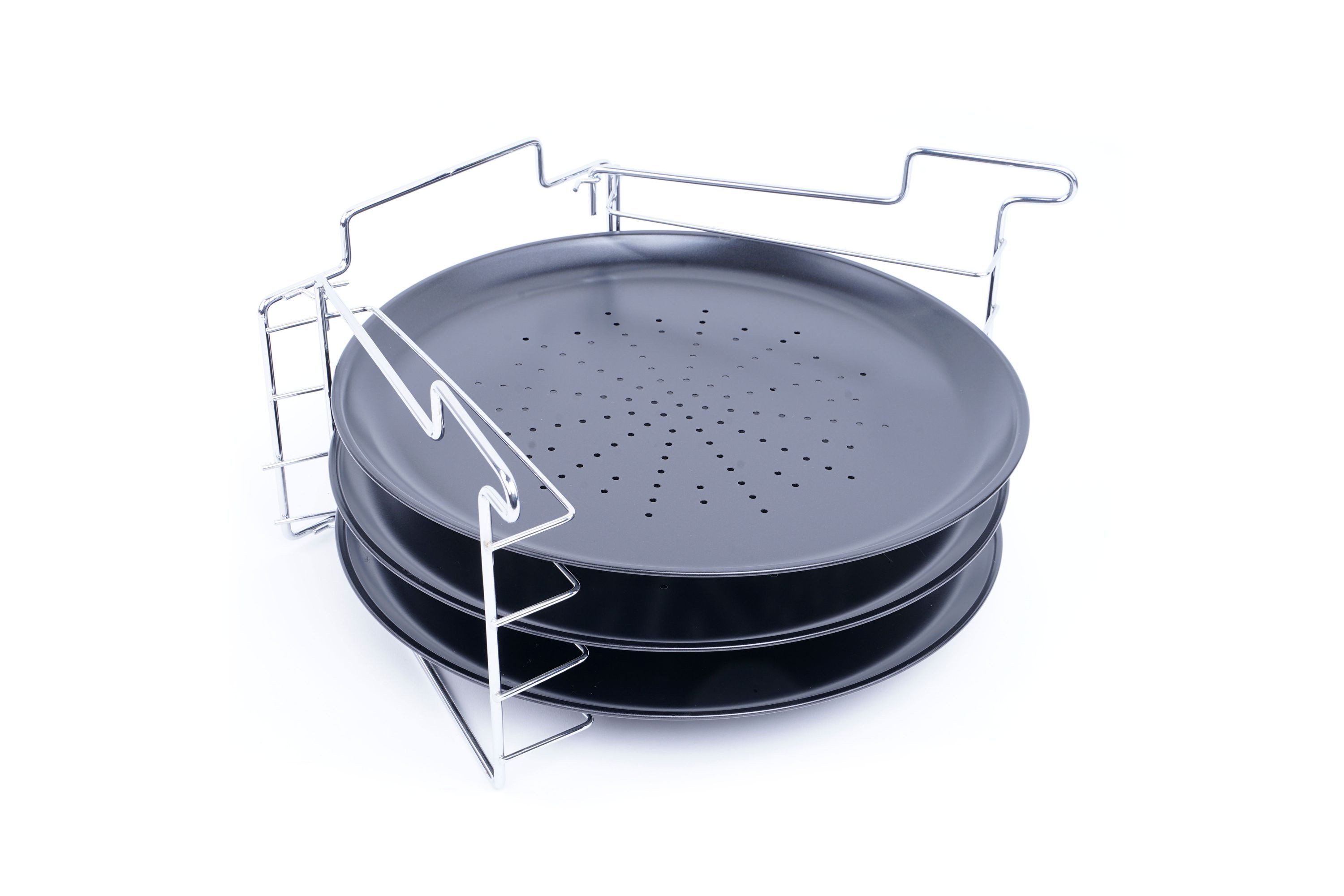 Excellent Houseware Pizzastein Pizza-Backblech Pizzablech 3er-Set Backset mit Ständer Ø 30 cm, Metall