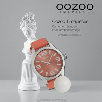OOZOO Quarzuhr Oozoo Damen Armbanduhr Orange Analog, (Analoguhr), Damenuhr rund, extra groß (ca. 47mm) Lederarmband, Fashion-Style