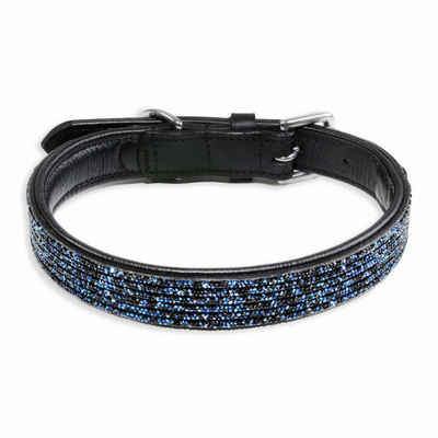 Monkimau Hunde-Halsband Hundehalsband Leder Halsband Hund schwarz mit blauen Pailletten S-XS, Leder