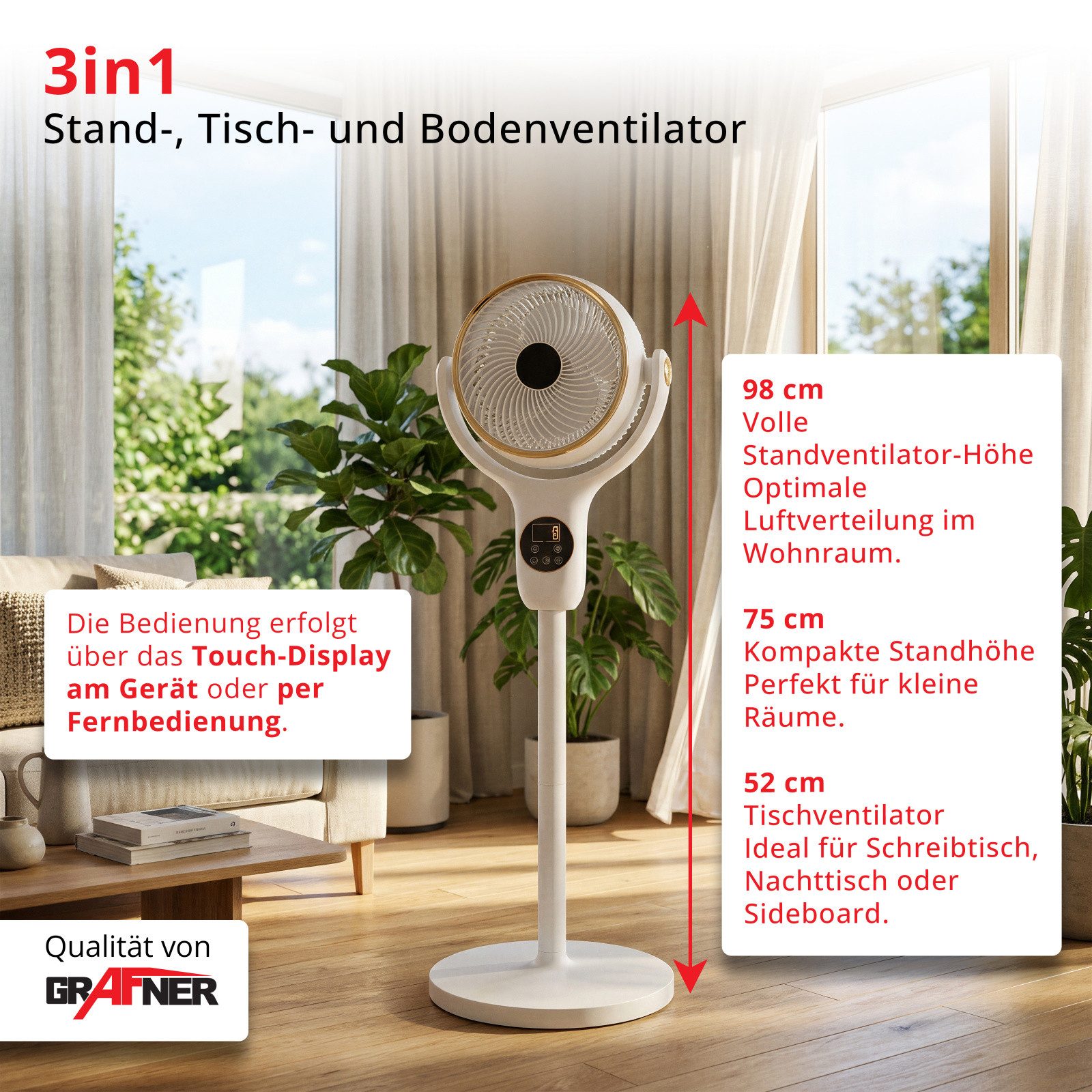 Grafner Standventilator Grafner® 3D Ventilator mit Fernbedienung & Touch-Display, 3-in-1 Tisch, Höhenverstellbar, 6 Geschwindigkeitsstufen, mit Fernbedienung