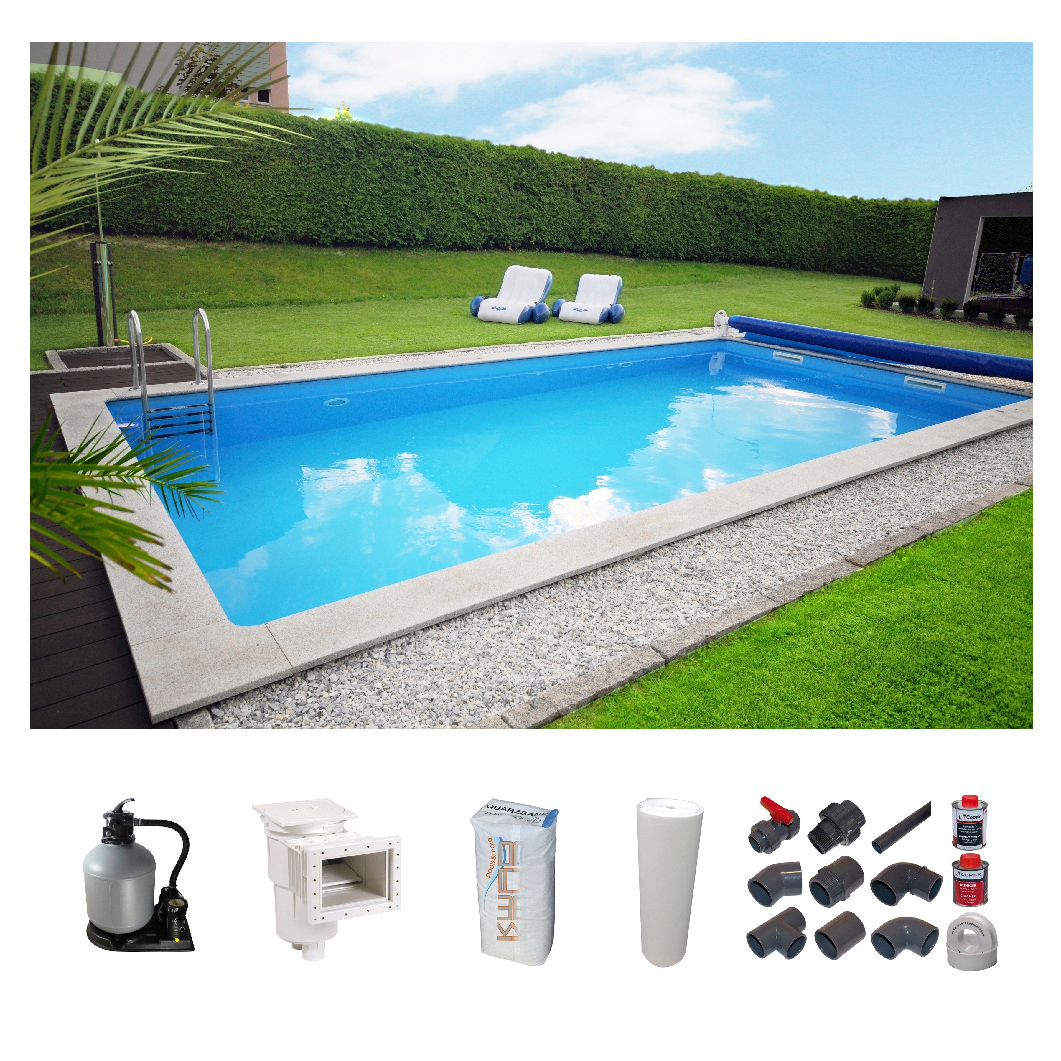 KWAD Rechteckpool mit Römertreppe (Set), 8x4, 7x3,5 oder 6x3m Höhe: 1,50m, mit Foliensack 0,6mm