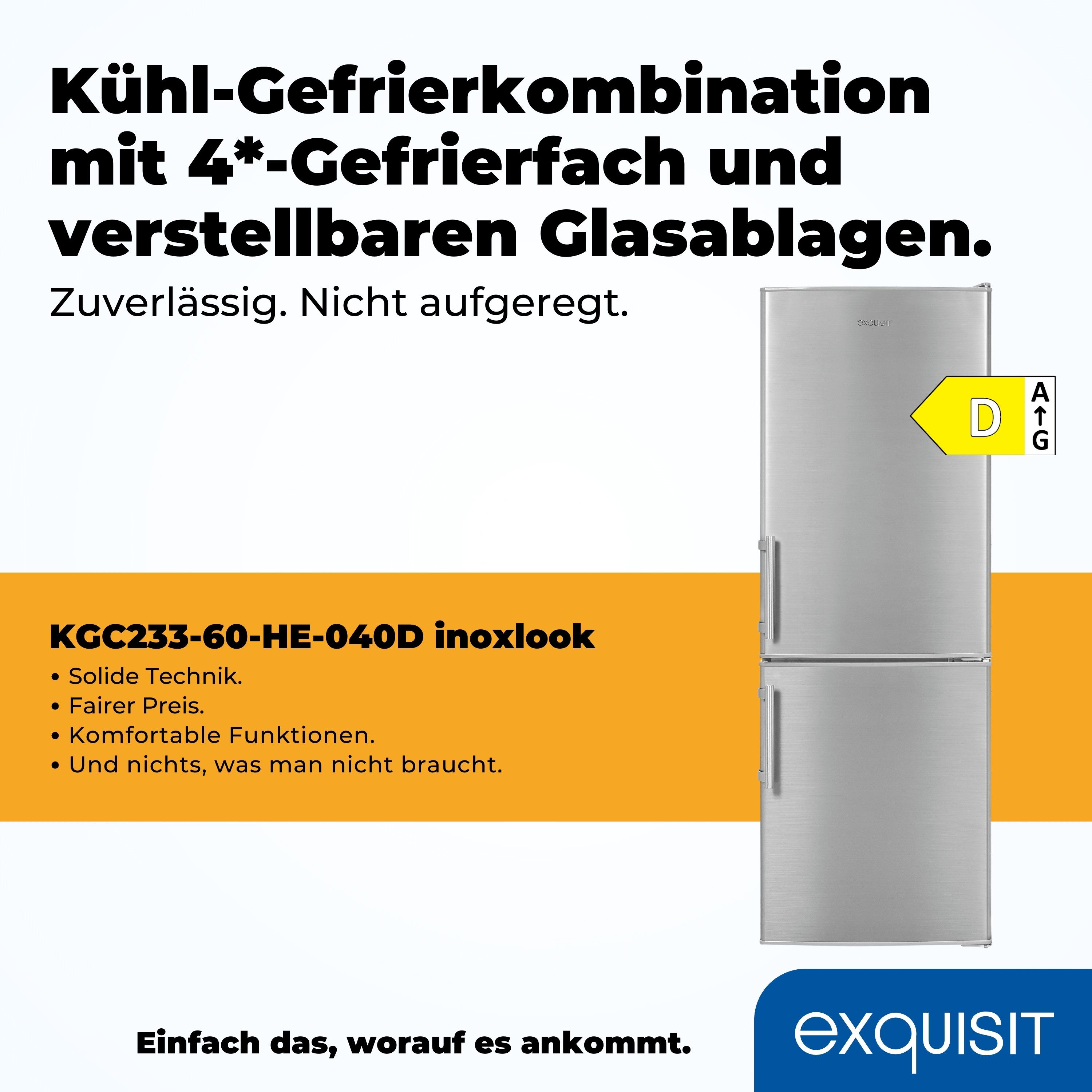exquisit Kühl-/Gefrierkombination KGC233-60-HE-040D, 142,2 cm hoch, 50 cm breit, Energieeffizienzklasse D, 173 Liter Nutzinhalt, 4 Sterne Gefrieren – Bild 4 von 5