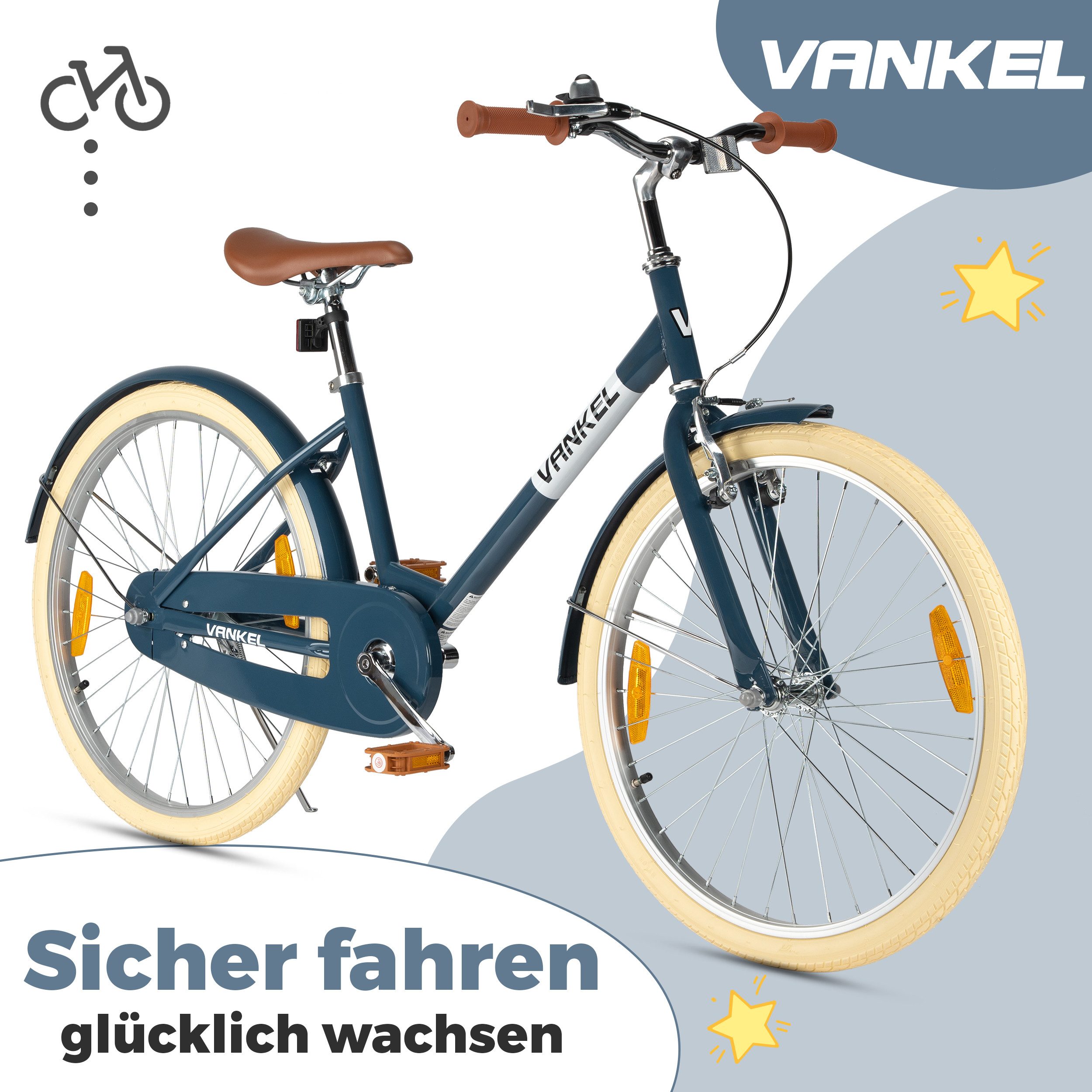 ROMICO Kinderfahrrad Kinderfahrrad 24 Zoll, 130–155 cm, Rücktrittbremse & Kettenschutz, 1 Gang, Vintage-Look, Creme-Reifen, Komfortsattel