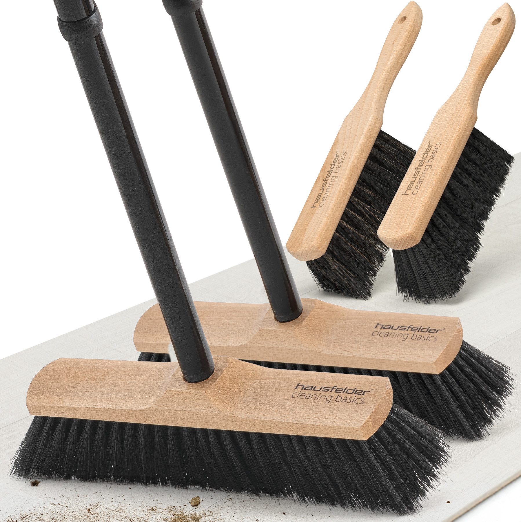 Hausfelder Staubbesen Zimmerbesen + Handbesen, Vorteilspack: 2 x Besen 30cm, 2 x Handfeger, Besen 30 cm breit, Metallstiel 4teilig mit Drehgewinde, weiche Borsten