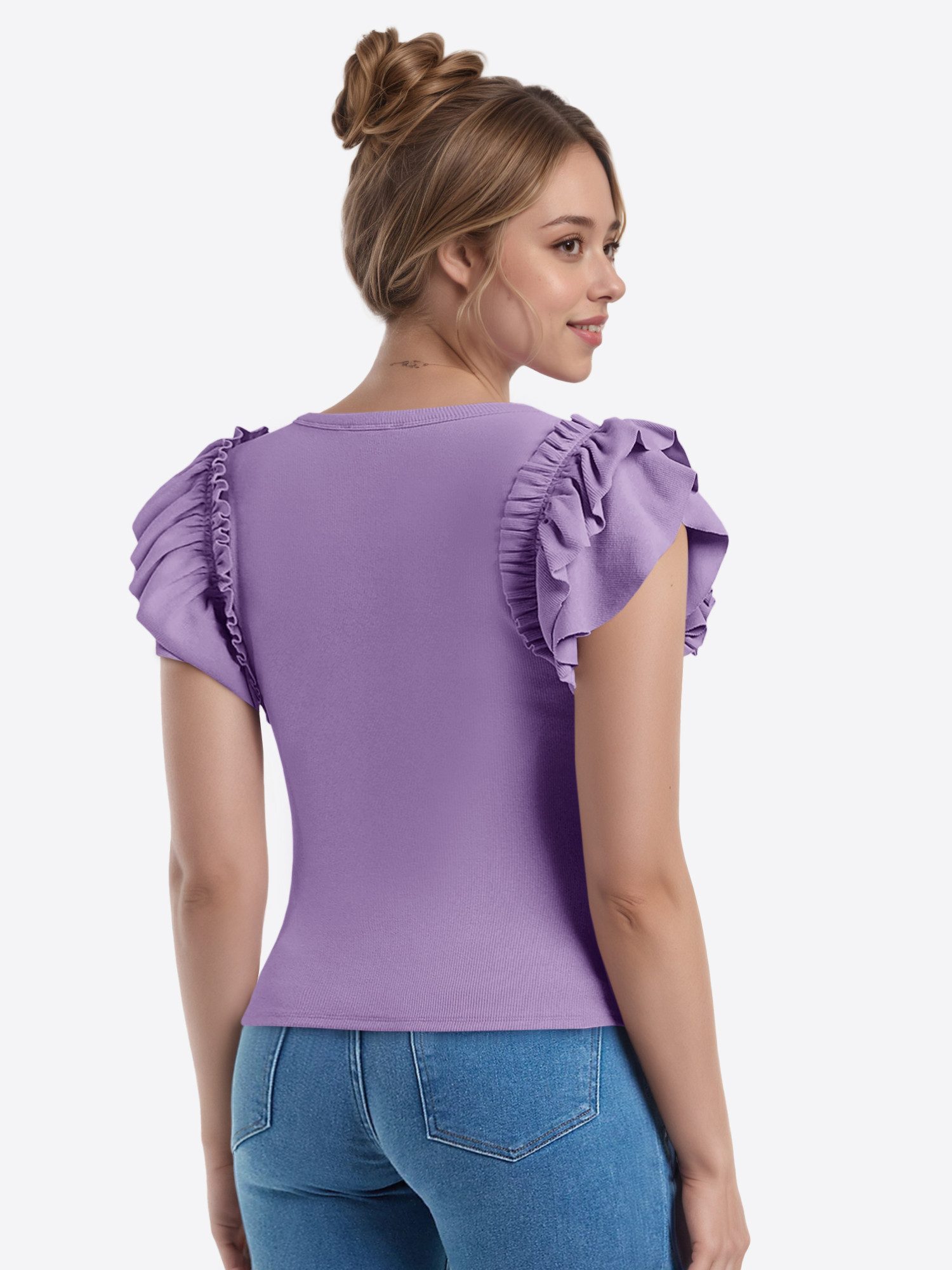 Imily Bela T-Shirt Damen Kurzarmshirt mit Rüschen (Packung, 1-tlg., 1per-Pack) elastisch – Bild 2 von 5