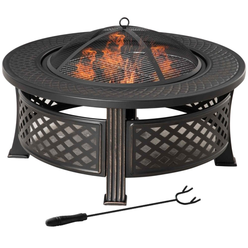 BBG Feuerschale Feuerschale mit Funkenschutz und Schürhaken, 2-in-1 Feuerstelle und BBQ-Grill aus Stahl, rund, 81 x 81 x 50 cm