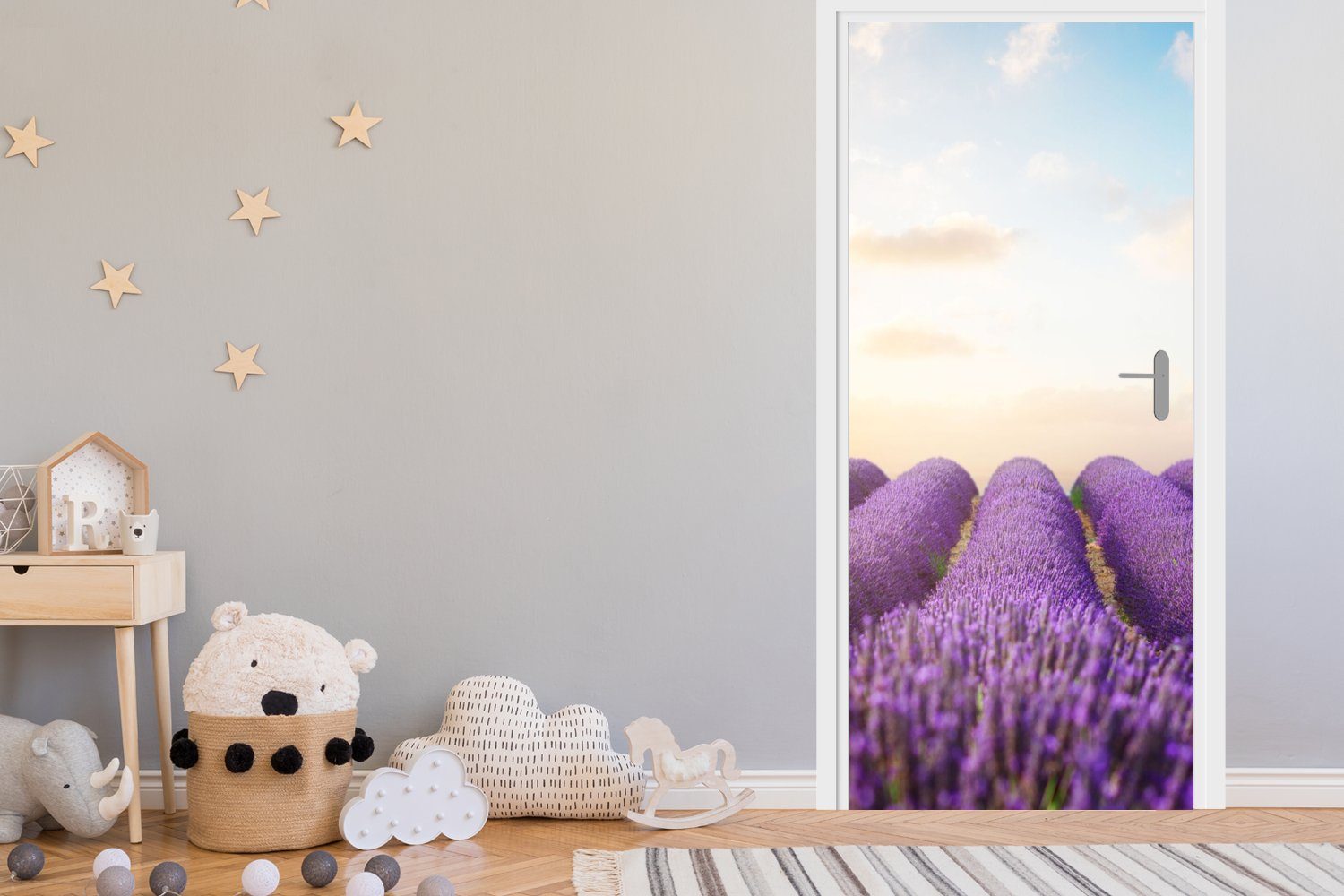 (1 Lavendel bedruckt, - cm - Fototapete Matt, Türtapete Himmel Blumen, St), 75x205 Türaufkleber, Wolken für MuchoWow Tür, -
