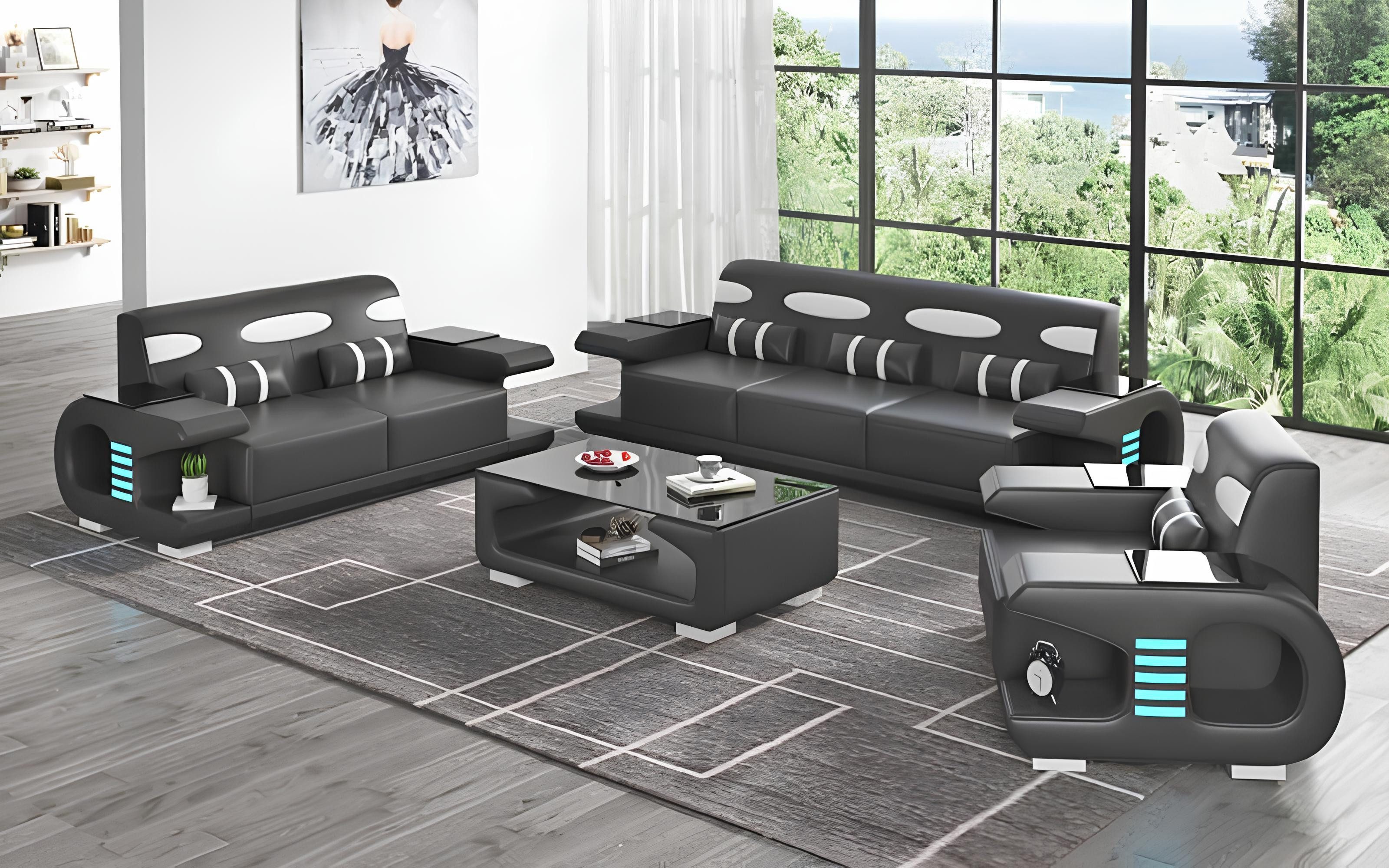 Xlmoebel Polstergarnitur Schwarzes Ledersofa mit elegantem Design und hochwertiger Verarbeitung, (Sofagarnitur 3-teilig, 3-tlg., Sofagarnitur 3+2+1 Sitzer), Hergestellt in Europa