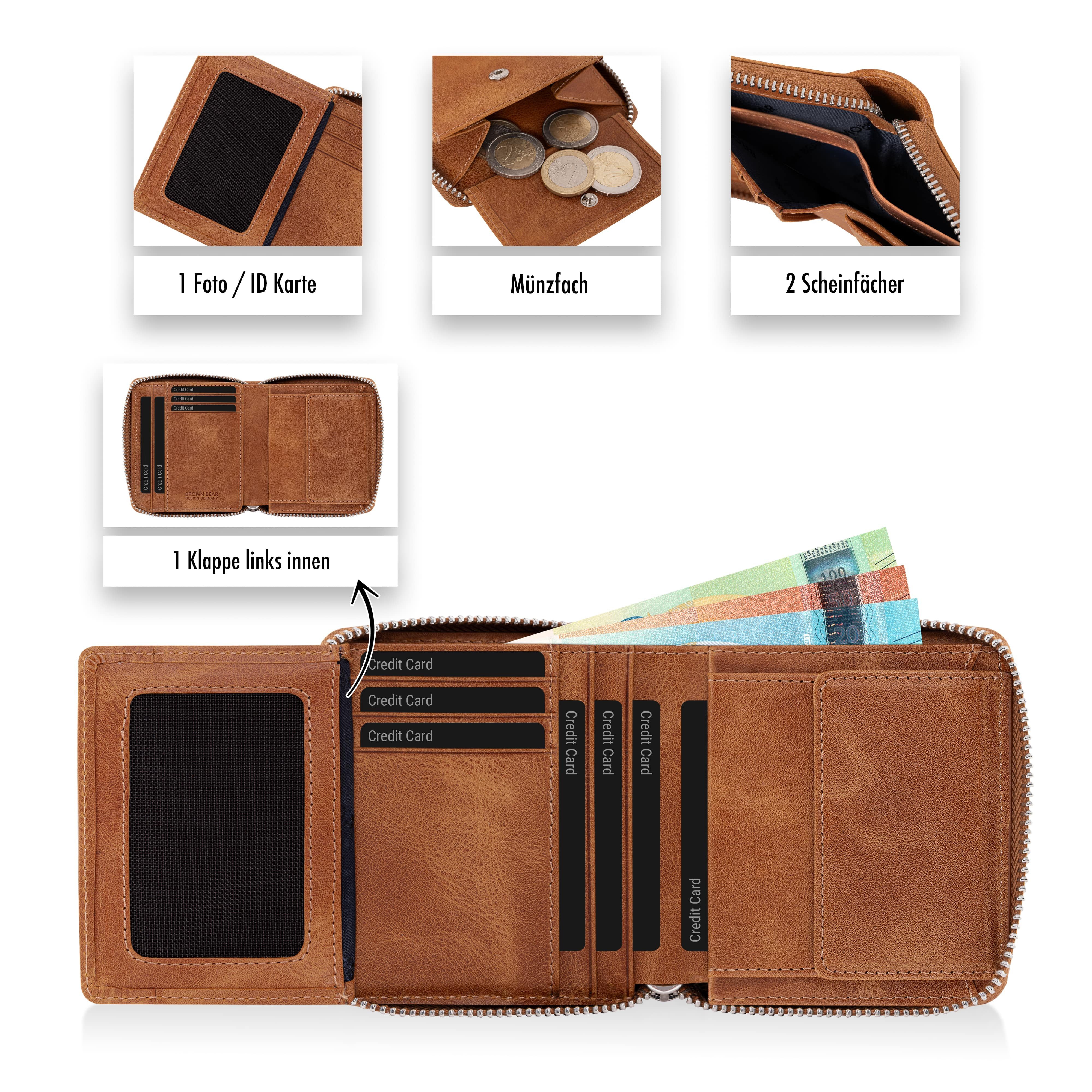 Brown Bear Geldbörse Classic 8009 mit umlaufenderm Reißverschluss aus Echtleder, mit 10 Kartenfächern und RFID-Schutz Farbe Cognac-Vintage