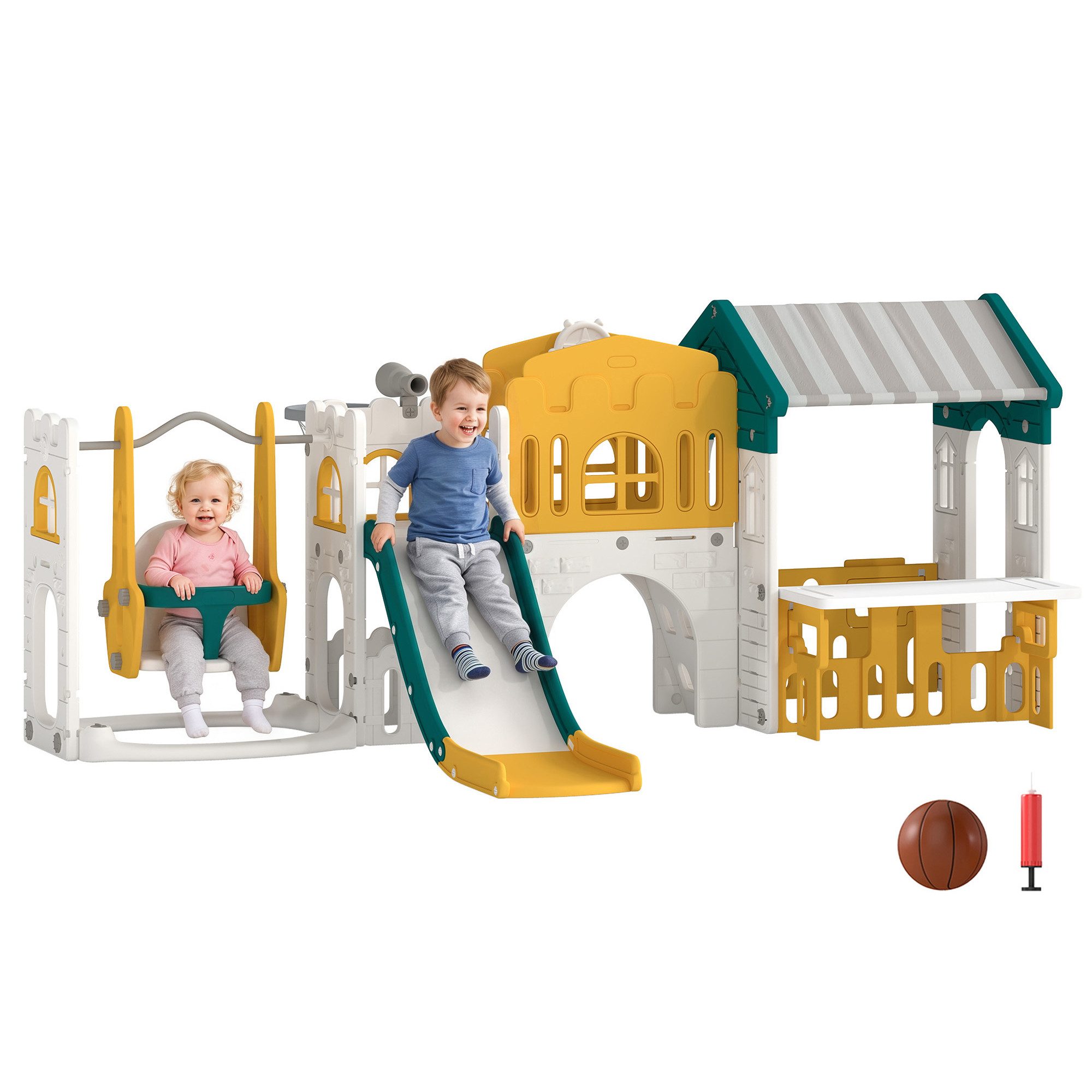 AIYAPLAY Rutsche 11 in 1 Kinderrutsche mit Schaukel Spielhaus Tunnel Basketballkorb, (Kinder Spielplatz, 1-tlg., Gartenrutsche), Fernrohr Lenkrad Maltafel Klettergerüst 5PCS Moduls