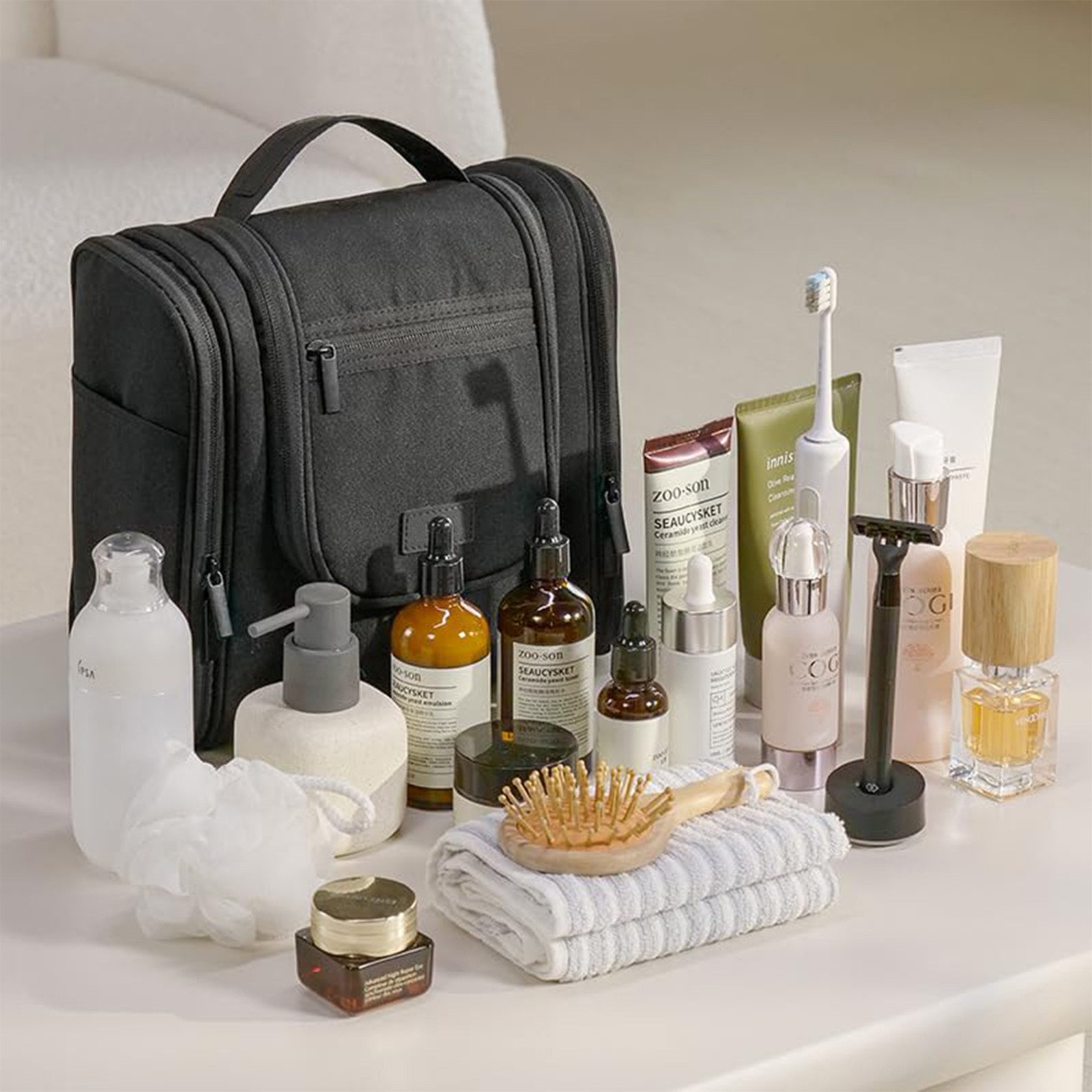 HAUSS SPOLE Kulturbeutel Reisetasche Mit Große Kapazität Aufbewahrungstasche Rasiertasche (viel Stauraum für Toilettenartikel Kosmetik Rasierer, 1-tlg., mit Haken wasserdichter Nass-/Trocken-Trennung abnehmbarer Tasche), Unisex für Urlaub Business Outdoor und als Geschenk geeignet