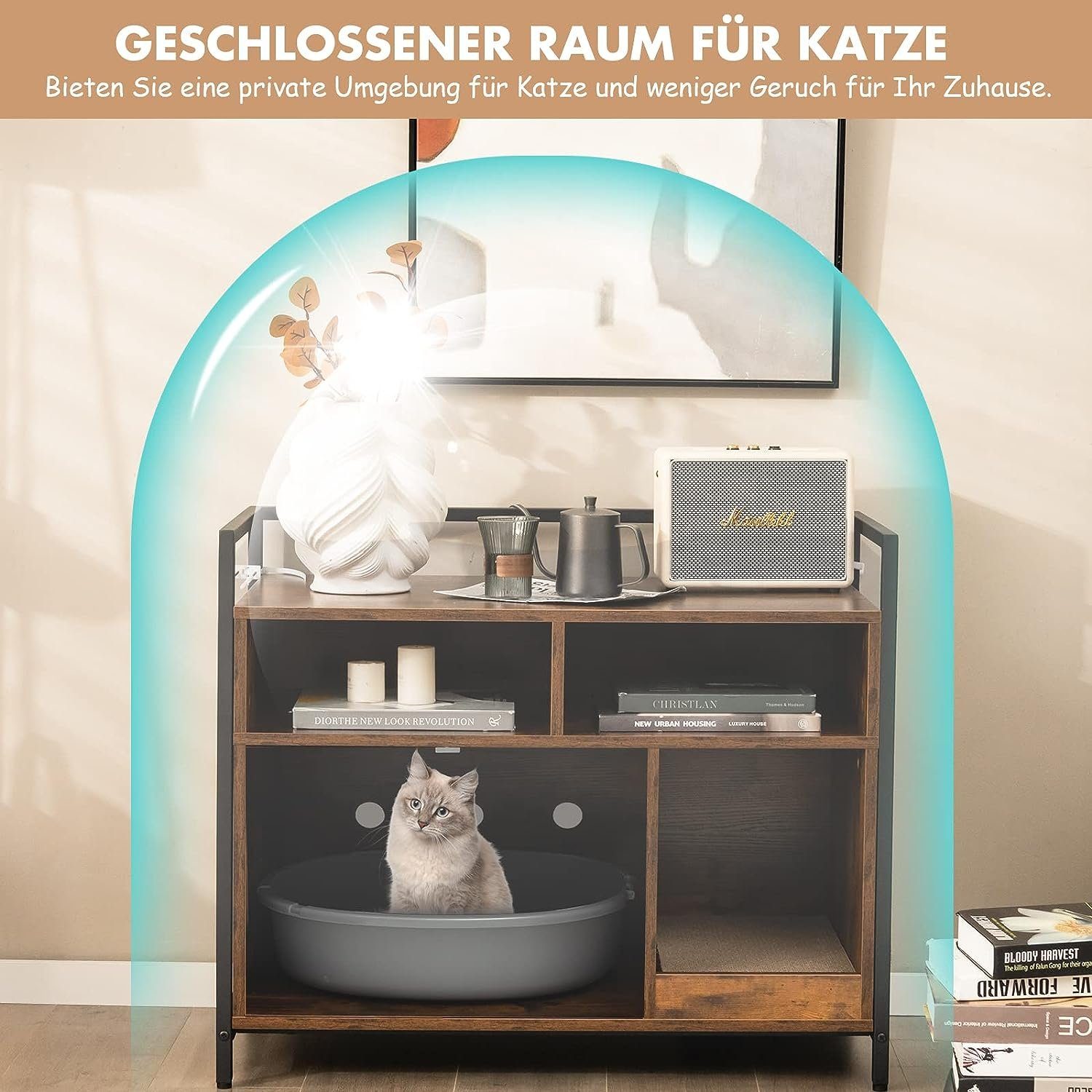 KOMFOTTEU Tierhaus 2 in 1 Katzenschrank Katzentoilette, mit Doppeltüren, Kratzbrett & 2 Fächern