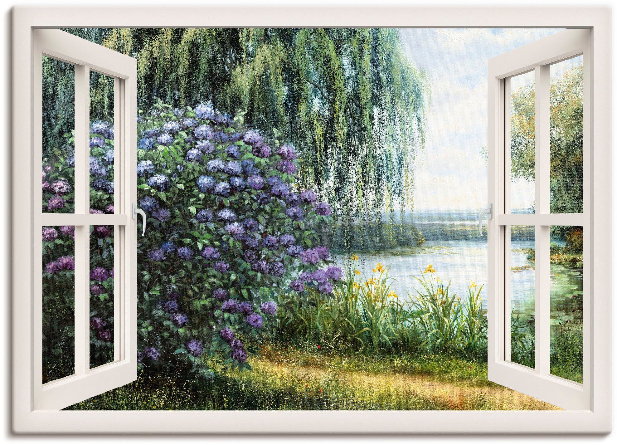 Artland Leinwandbild Hortensien am See, Fensterblick (1 St), auf Holzrahmen gespannt