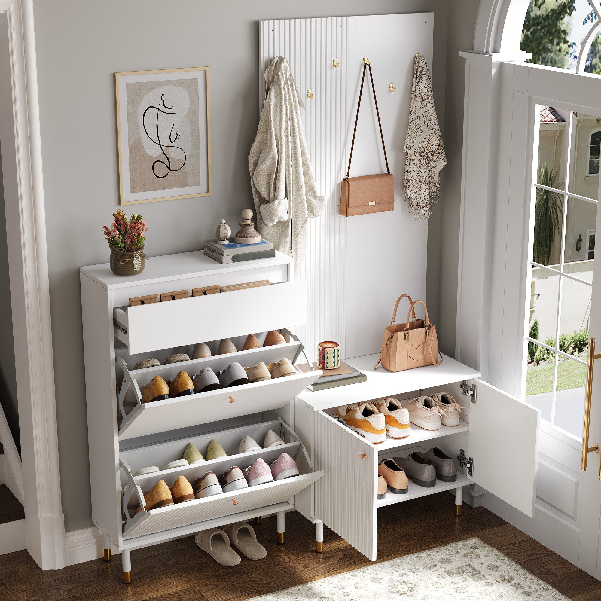 Merax Garderoben-Set mit 6 Haken, Schuhschrank mit Klappfächern und Schublade, (1-St), zweitüriger Aufbewahrungsschrank Garderobenwand Flurmöbel – Bild 2 von 5