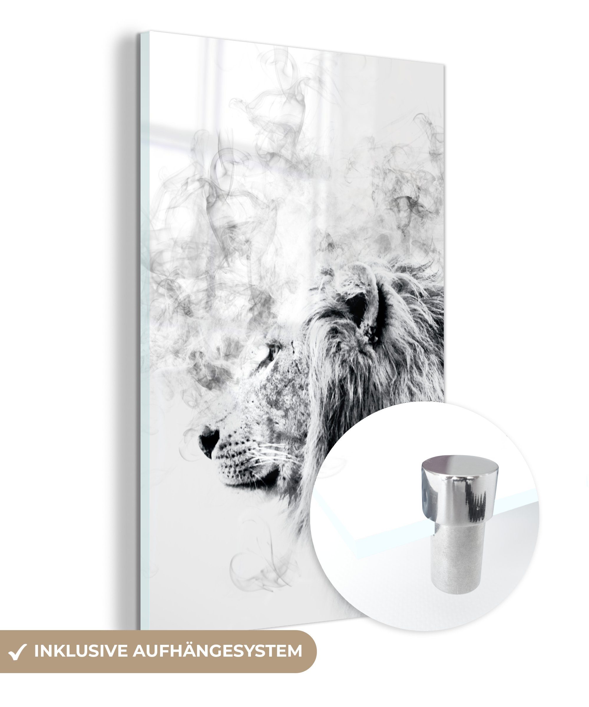 MuchoWow Acrylglasbild Löwe - Rauch - Schwarz - Weiß, (1 St), Glasbilder - Bilder auf Glas Wandbild - Foto auf Glas - Wanddekoration