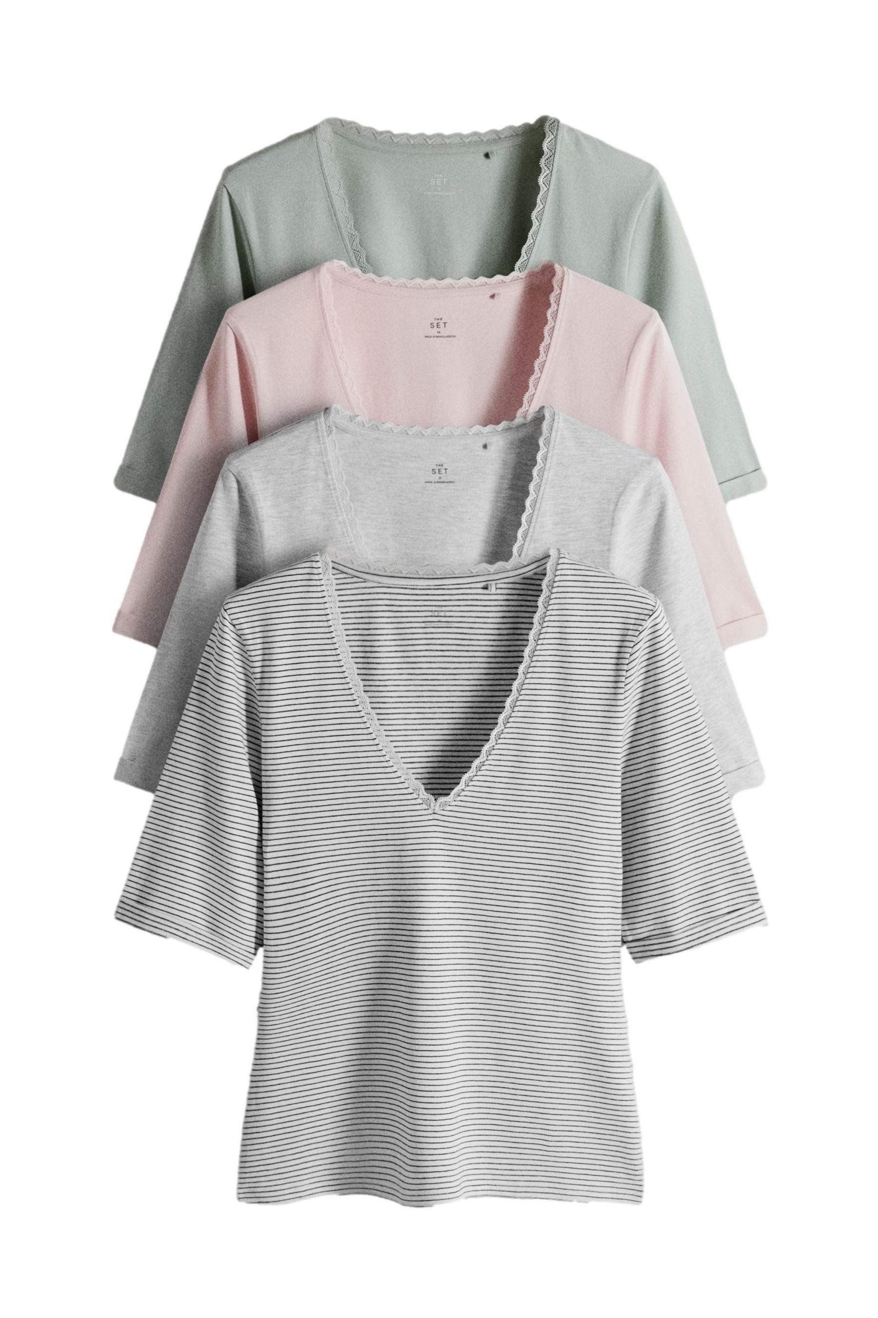 V-Shirt The Set Top mit Spitze + V-Ausschnitt, 4er-Pack