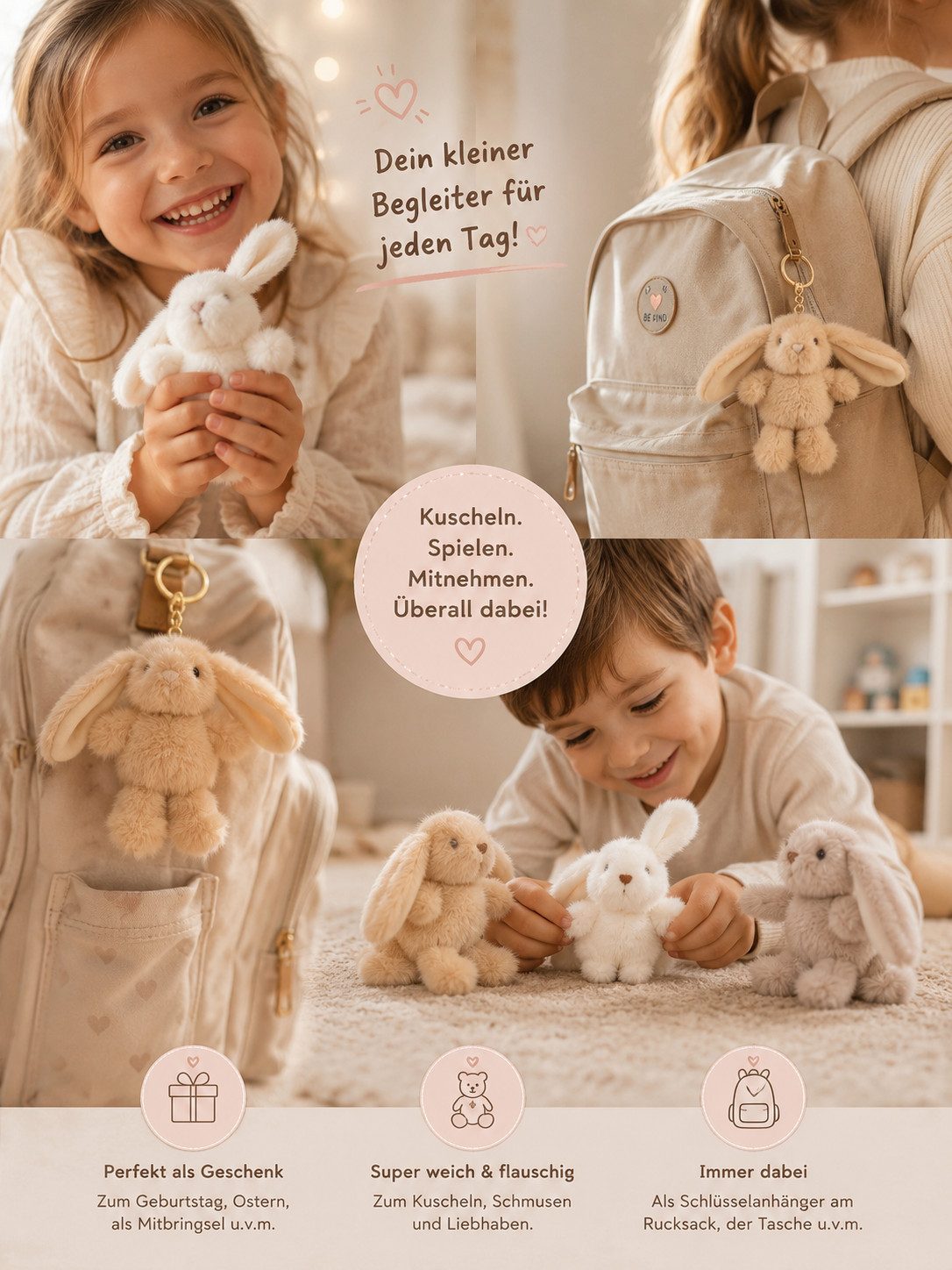 soma Schlüsselanhänger Plüsch Hase Schlüsselanhänger flauschig als Überraschungsartikel weich (Set, 1-tlg., Geschenk-Set), Flauschiger Hasenanhänger mit Karabiner, Farbe als Überraschung dabei