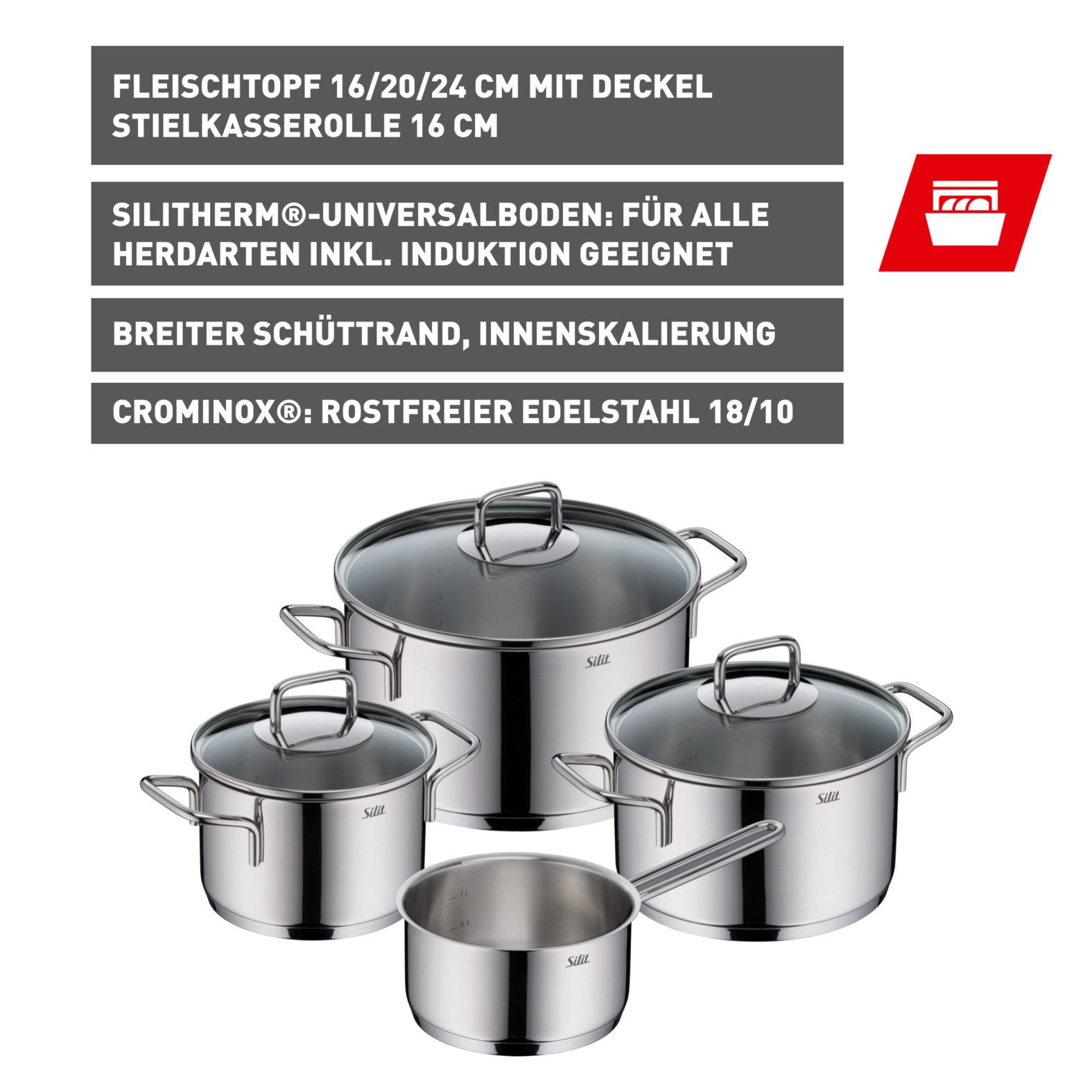 Silit Topf-Set Extra Cook Induktion, Kochgeschirr-Set mit Glasdeckel, Innenskalierung, Edelstahl 18/10 (Set, 7-tlg., 3x Kochtöpfe 16/20/24 cm mit Deckel, 1x Stielkasserolle 16 cm), SiliTherm Universalboden, breiter Schüttrand, spülmaschinengeeignet