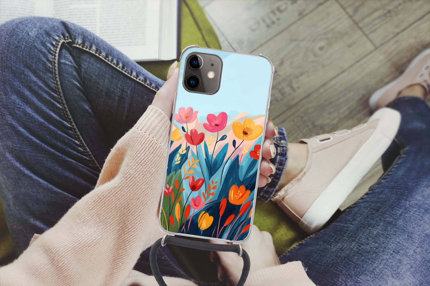 MuchoWow Handyhülle für Apple iPhone 11 Illustration - Blumen - Farbenfroh, Tragbare Handyhüllen mit Kette zum umhängen, Handykette Handyband