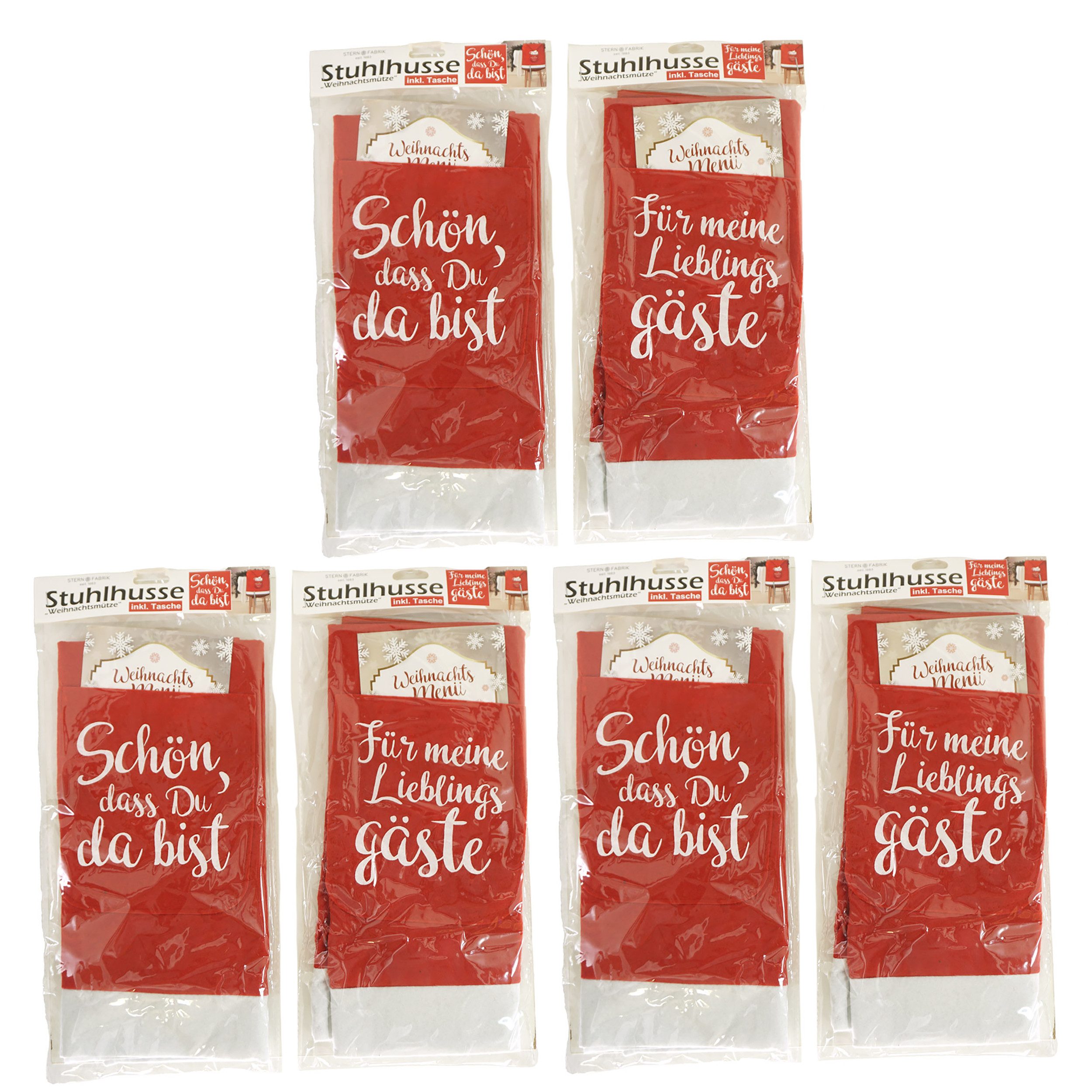 Annastore Stuhlhusse 6 x Stuhlhussen Weihnachten - Weihnachtsdeko für Stühle - 48 x 64 cm, Mit Spruch und Tasche, Weihnachtsdeko