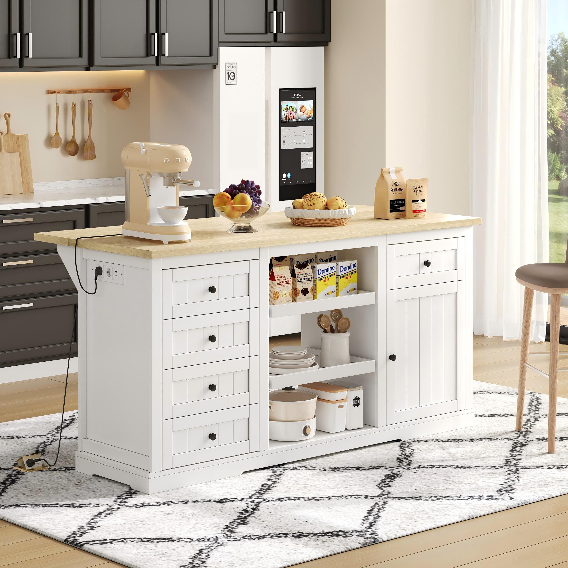 MODFU Sideboard mit 5 Schubladen & Ausziehböden (Buffet-Sideboard, Bar-Schrank & Kücheninsel - Mit Klappbarer Erweiterungsplatte, 5 Schubladen und integrierten Steckdosen, 1 St), mit Schublade