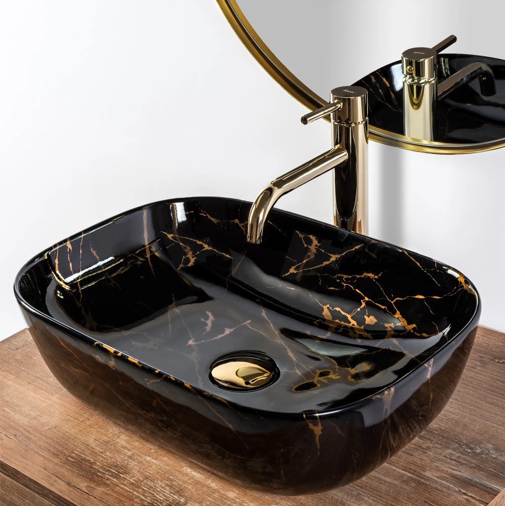wohnwerk.idee Aufsatzwaschbecken Waschbecken Marmor Schwarz 46,5x33,5cm Belinda Marble Black Matt – Bild 5 von 5