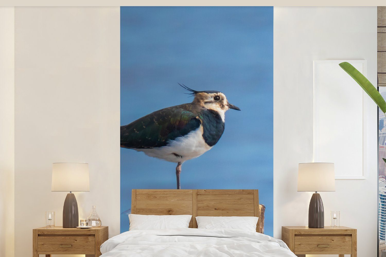 MuchoWow Fototapete Vogel - Tiere - Pfahl - Blau - Kiebitz, Matt, bedruckt, (2 St), Vliestapete für Wohnzimmer Schlafzimmer Küche, Fototapete