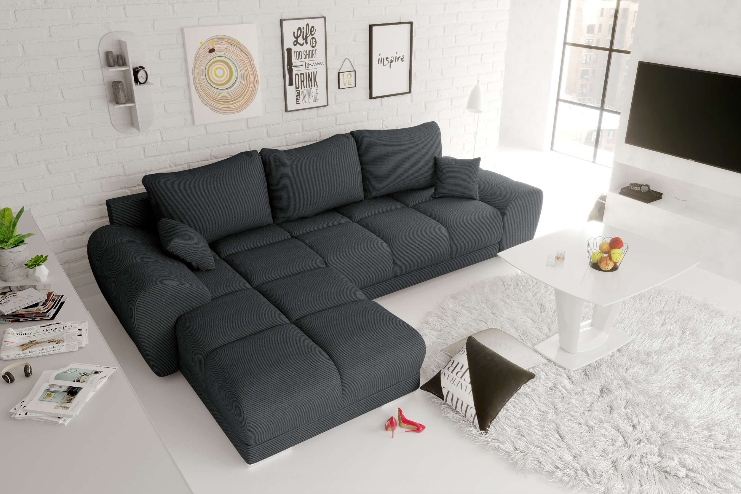 99rooms Ecksofa Antalya, Sofa L-Form, Eckcouch, mit Rückenkissen, Schlaffunktion, Cordstoff POSO