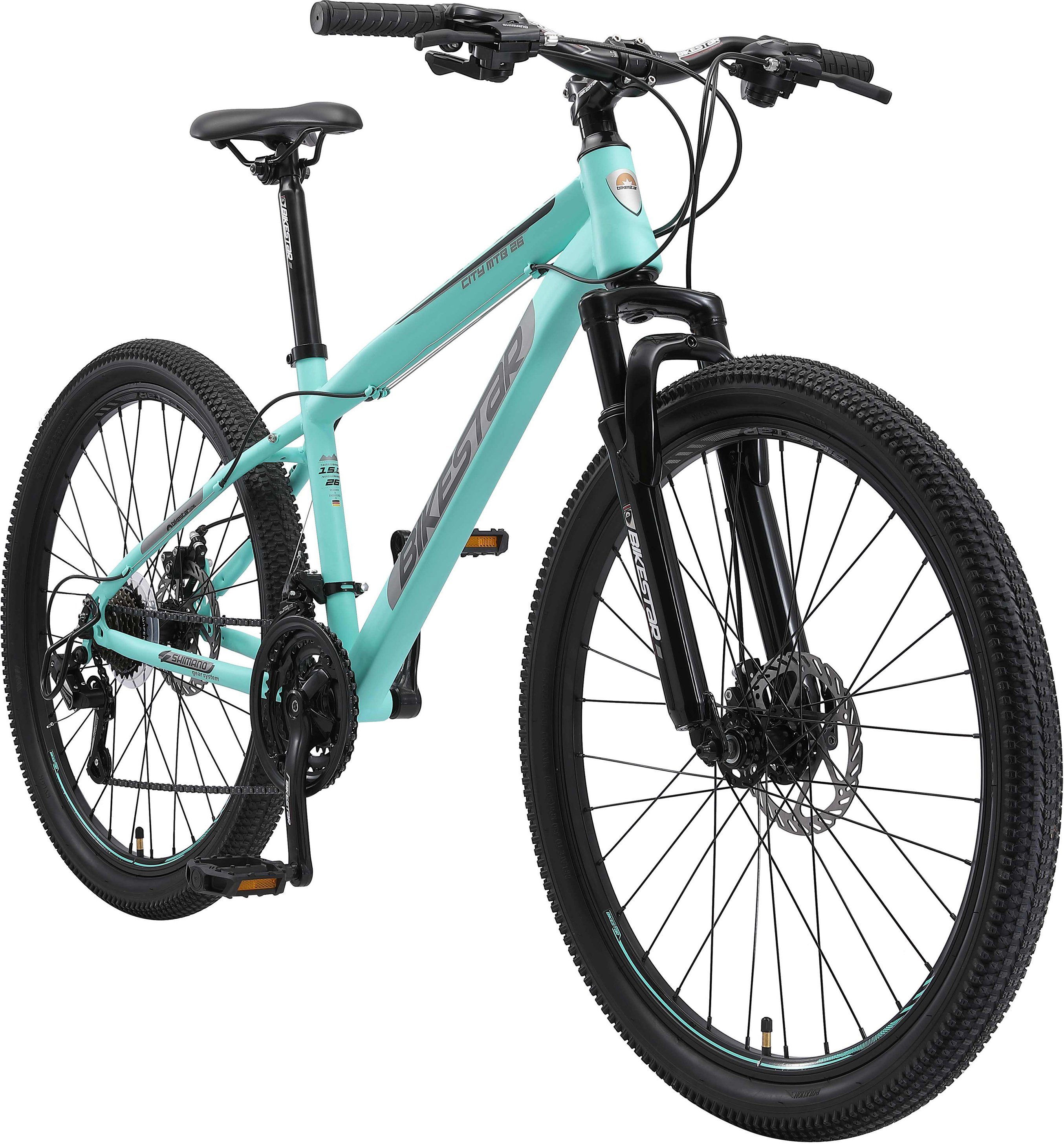 Bikestar Mountainbike, 21 Gang Shimano RD-TY300 Schaltwerk, Kettenschaltung, für Damen und Herren, Kettenschaltung