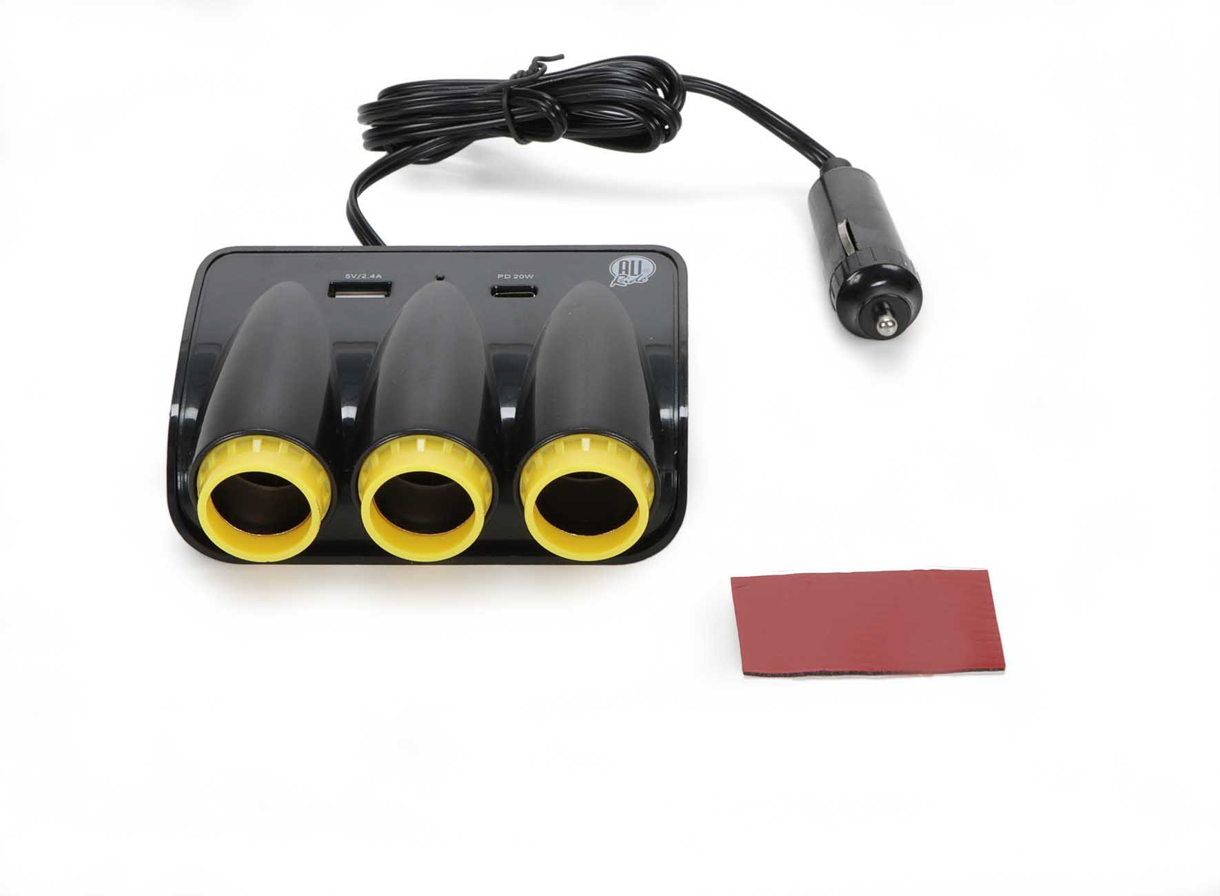 All Ride Zigarettenanzünder-Verteiler 3-fach Steckdosen Verteiler (12/24 Volt Steckdose, 1-St., mit USB-A und USB-C-Port), Auto LKW 3-fach Steckdosen Verteiler