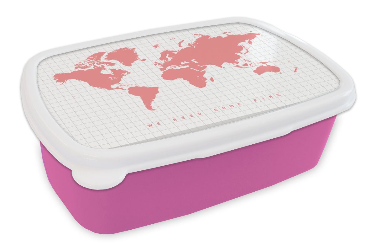 MuchoWow Lunchbox Weltkarte - Rosa - Zitat - Kinder - Jungen - Mädchen, Kunststoff, (2-tlg), Brotbox für Erwachsene, Brotdose Kinder, Snackbox, Mädchen, Kunststoff