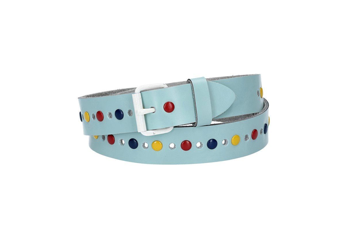 kiddybelts Ledergürtel Kids 25mm in Hellblau mit bunten Nieten und weißer Rollschließe (KB12-420, 1-St) sehr weiches Vollrindleder