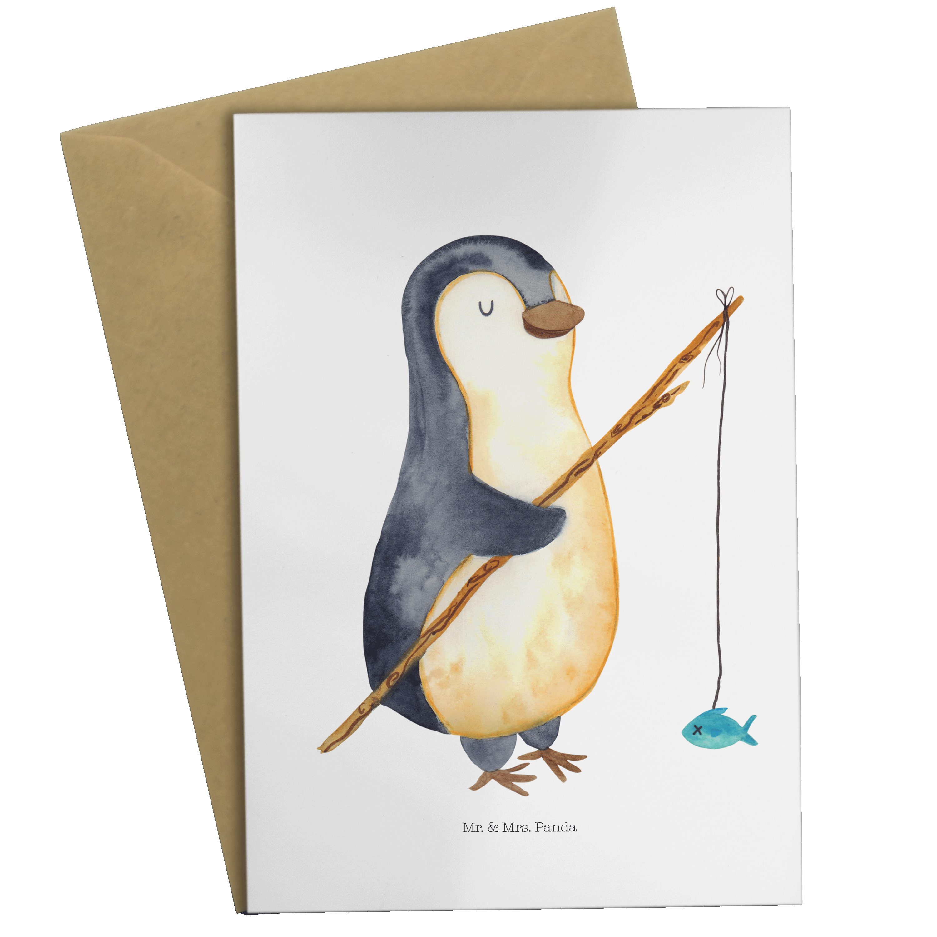 Mr. & Mrs. Panda Grußkarte Pinguin Angler - Weiß - Geschenk, Geburtstagskarte, Hochzeitskarte, E