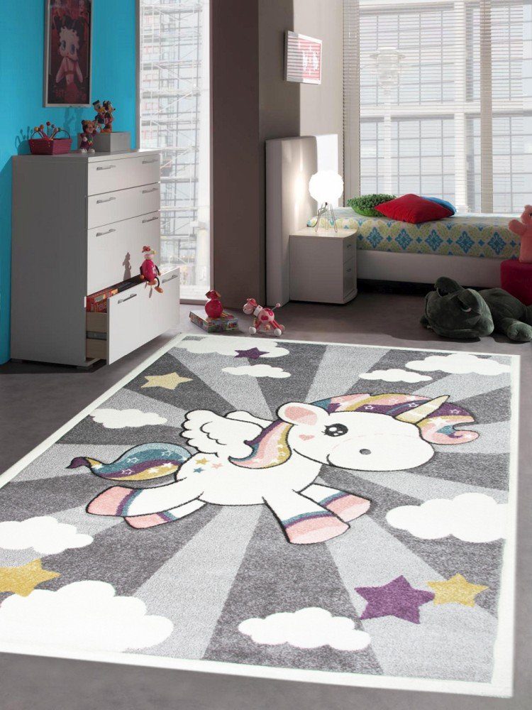 Kinderteppich Kinderteppich Spielteppich Babyteppich Mädchen Einhorn Regenbogen rosa creme grau, Carpetia, rund, Höhe: 13 mm