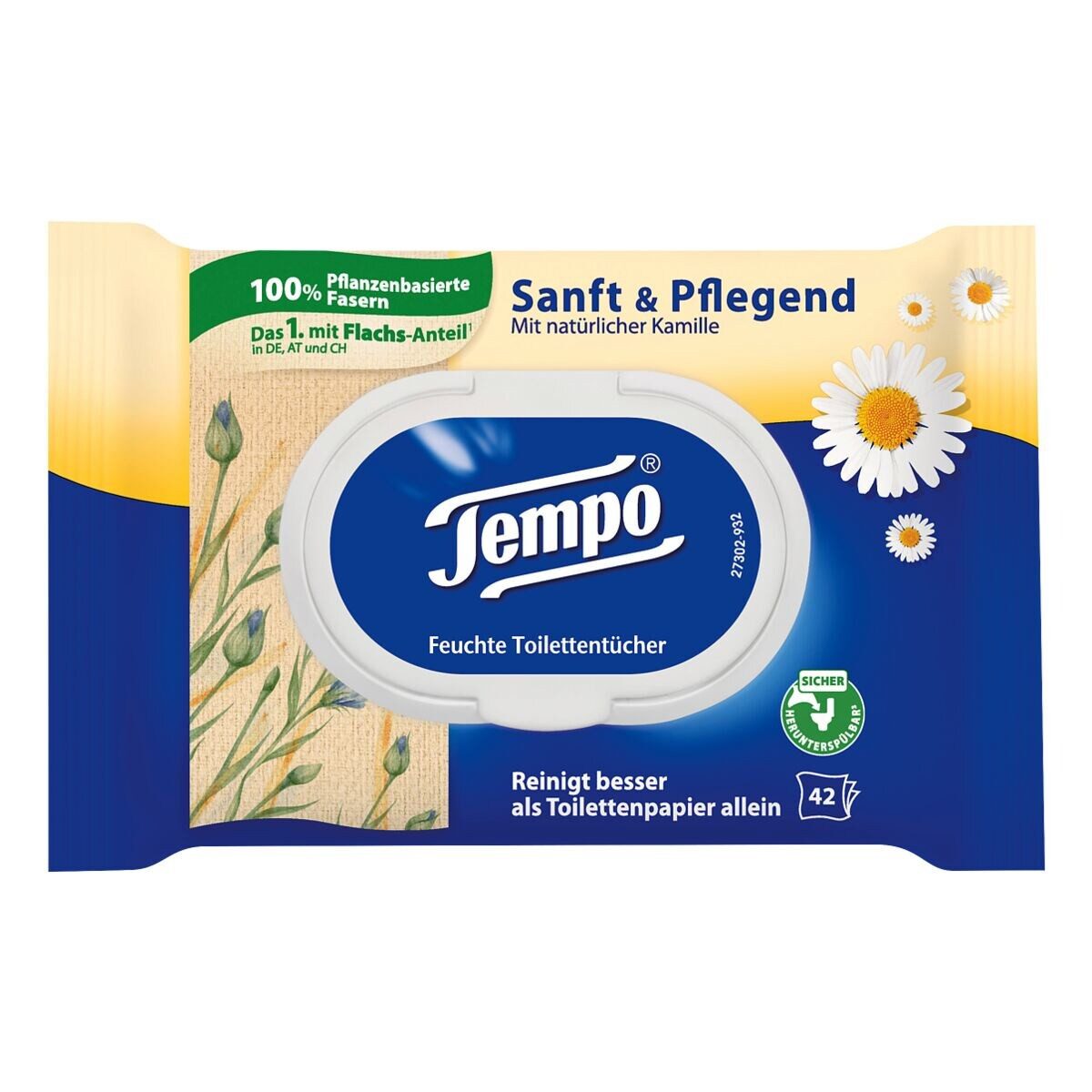TEMPO feuchtes Toilettenpapier Sanft & Pflegend, mit natürlicher Kamille, 1-lagig, 42 Blatt