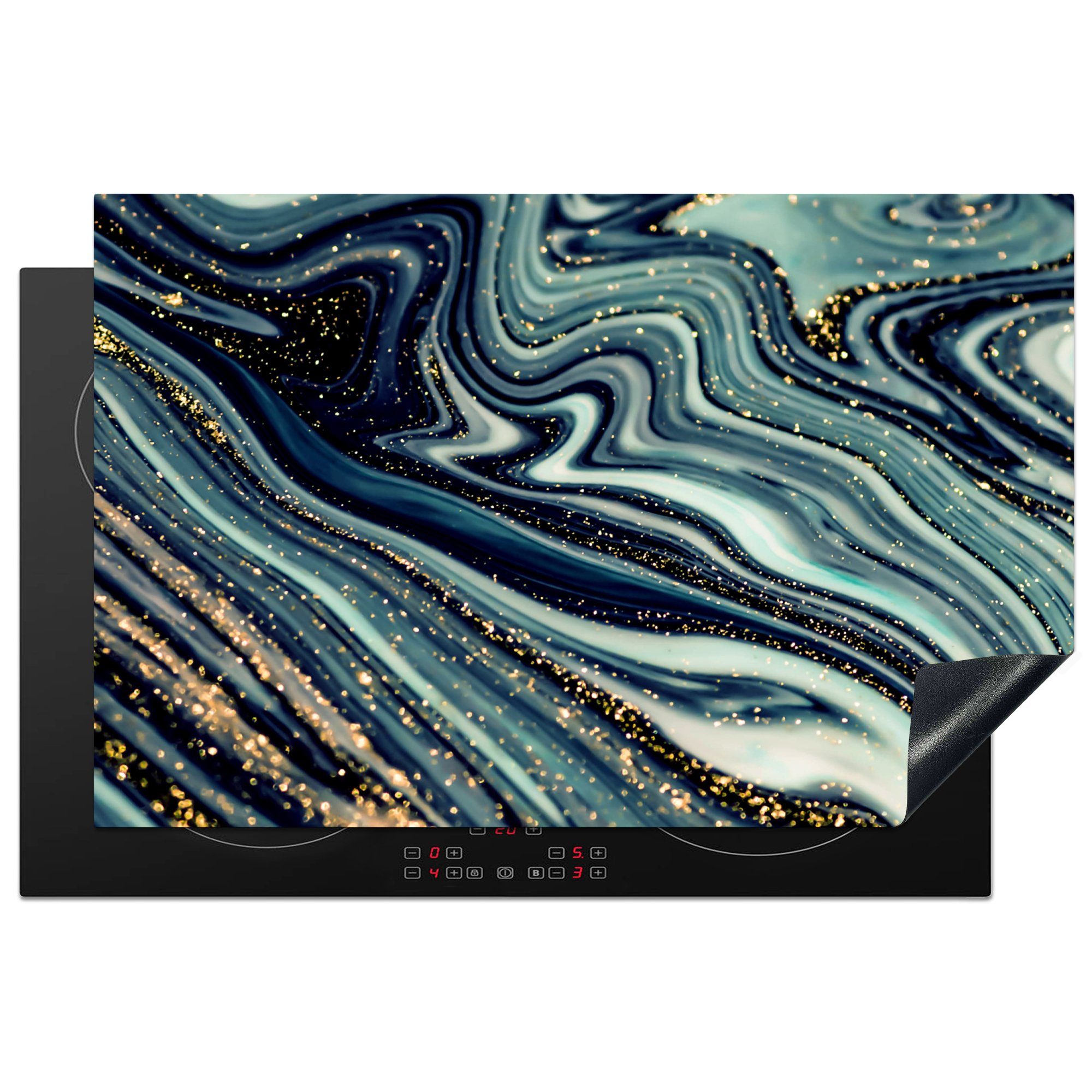 MuchoWow Herdblende-/Abdeckplatte Marmor - Gold - Blau - Glitter - Marmoroptik - Abstrakt, Vinyl, (1 tlg), 81x52 cm, Induktionskochfeld Schutz für die küche, Ceranfeldabdeckung