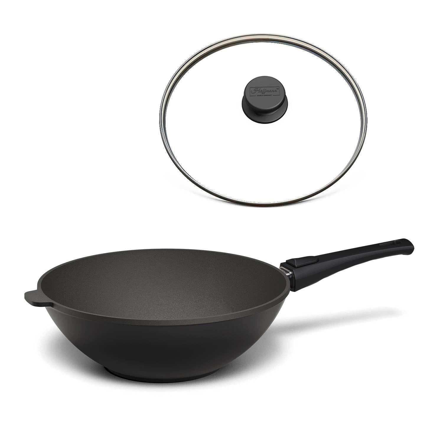Hoffmann Germany Wok Hoffmann STONIQ Wokpfanne Ø 30 cm IQ-SHIELD Antihaft mit Deckel, Aluguss (Set, 2-tlg., 1x Wokpfanne Ø 30 cm + 1x Glasdeckel), IQ-SHIELD, keine nachweisbaren PFAS, Pro Click, Aluguss, Induktion