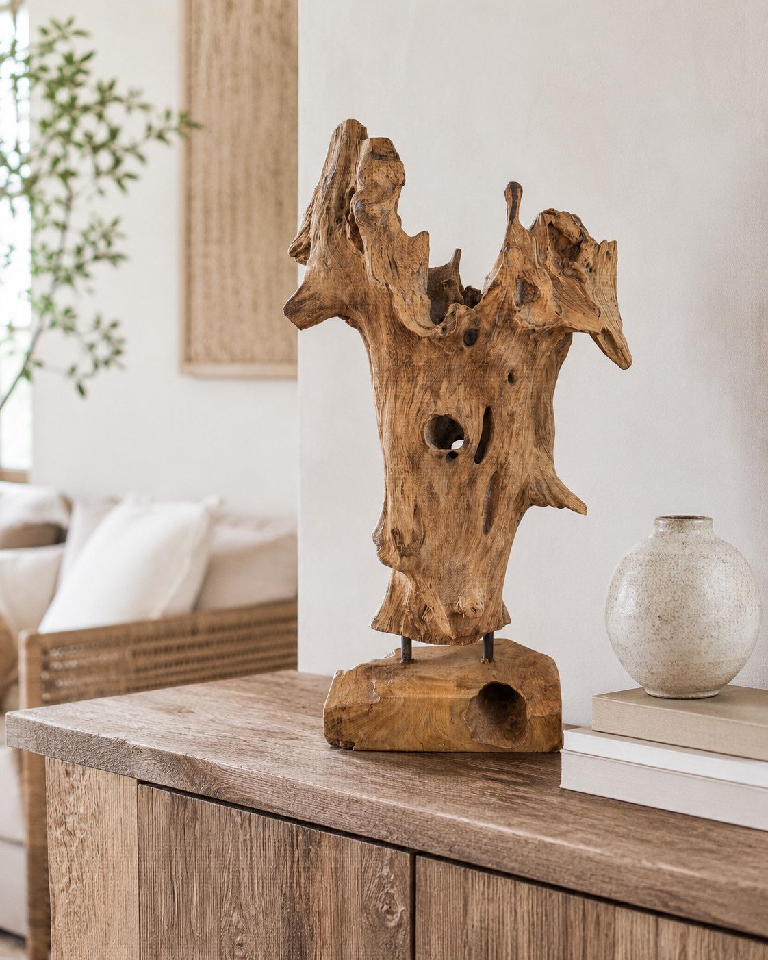 FaHome Skulptur Teakholz Skulptur - Handgefertigt - Natürliche Maserung
