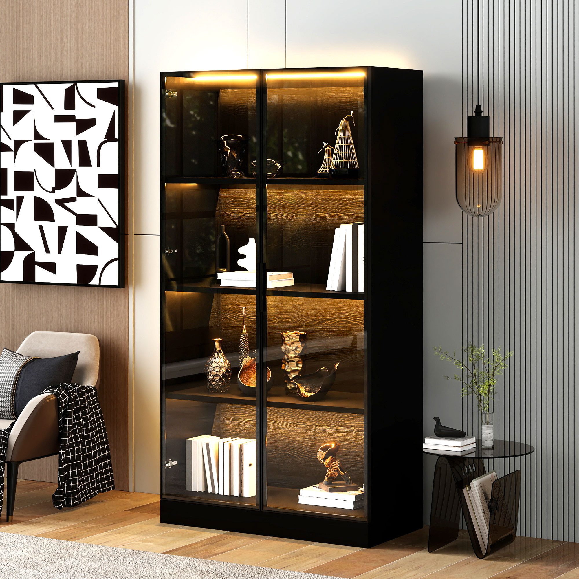 Ulife Glasvitrine Hochschrank mit Bücherregal, LED-Beleuchtung günstig online kaufen