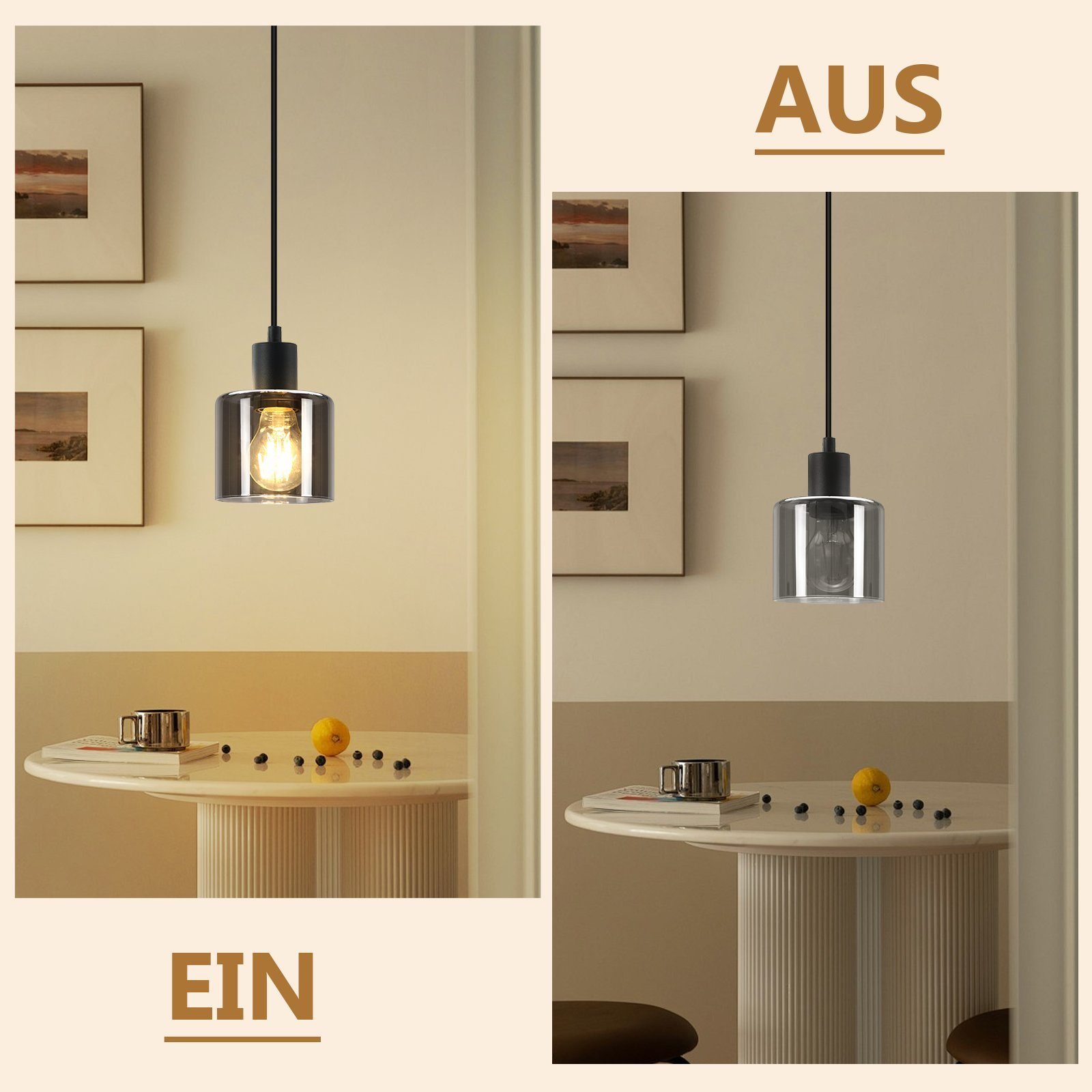 Nettlife Pendelleuchte Schwarz Vintage E27 Glas Esstisch 1/3 Flammig Wohnzimmer Hängelampe, Höhenverstellbar, LED wechselbar, Esszimmer Hotel Büro – Bild 5 von 5
